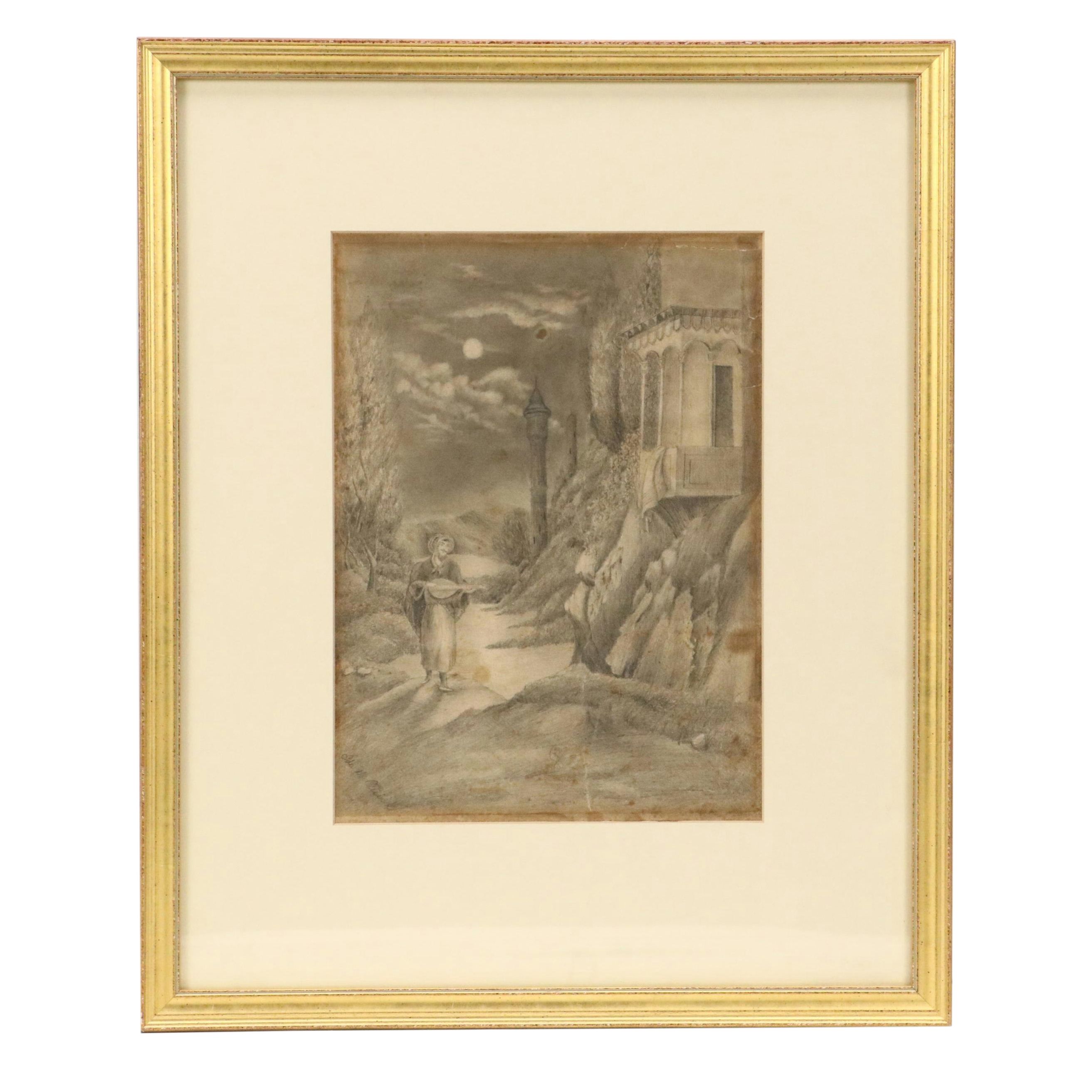 Ida M. Quick Graphite Drawing of Night Scene with Mandolin Player