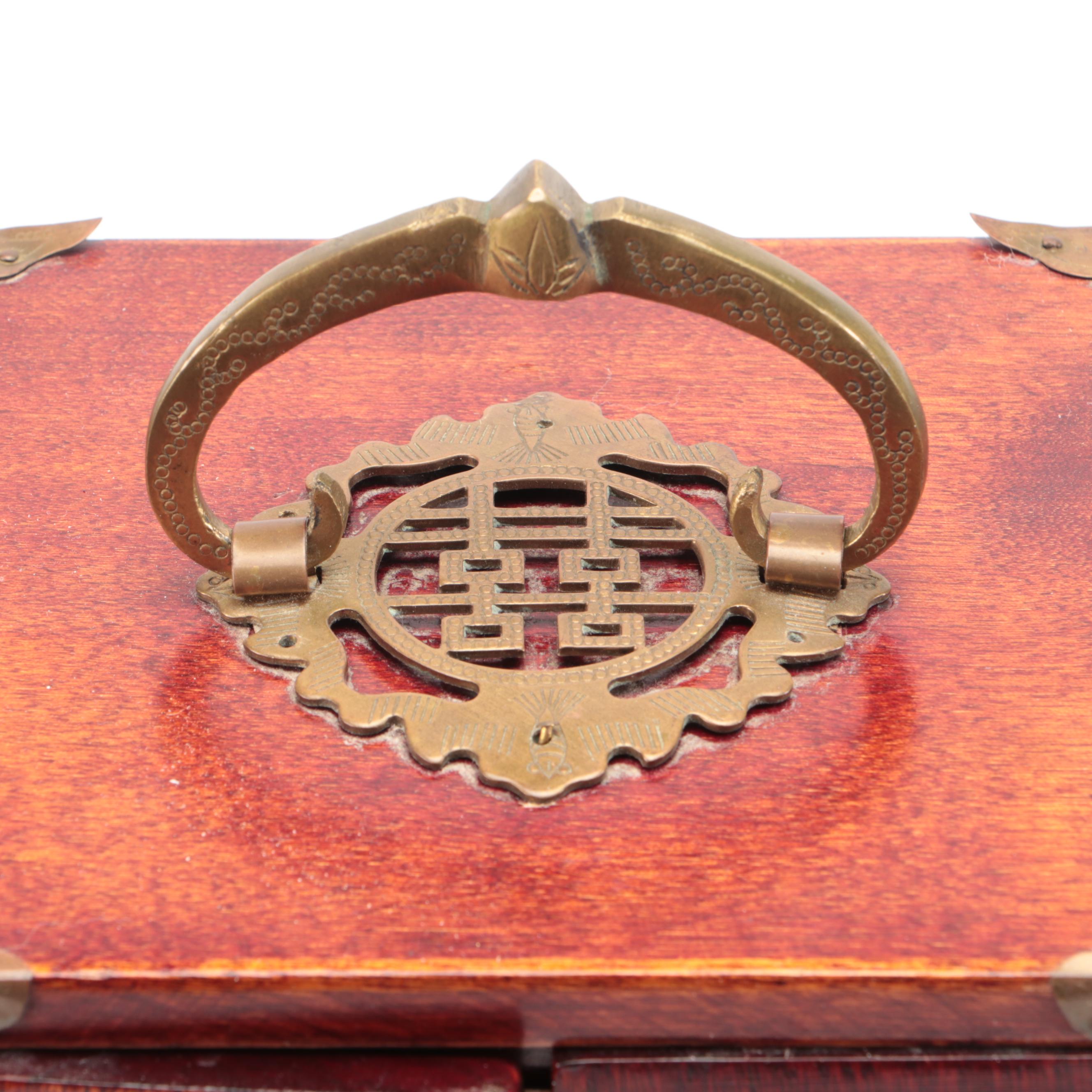 Chinese Wooden Jewelry Cabinet with Brass Mounts and Serpentine Inlays