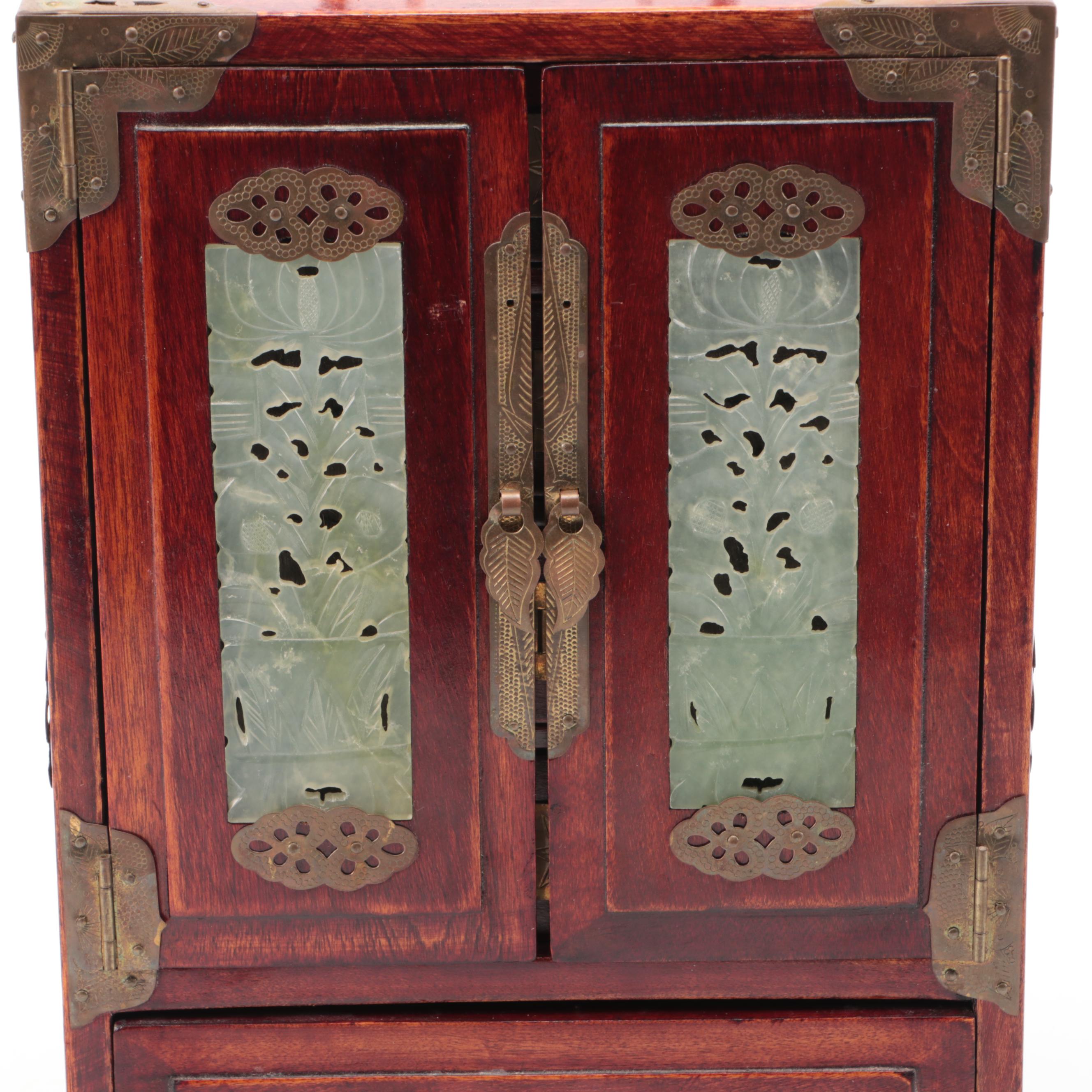 Chinese Wooden Jewelry Cabinet with Brass Mounts and Serpentine Inlays