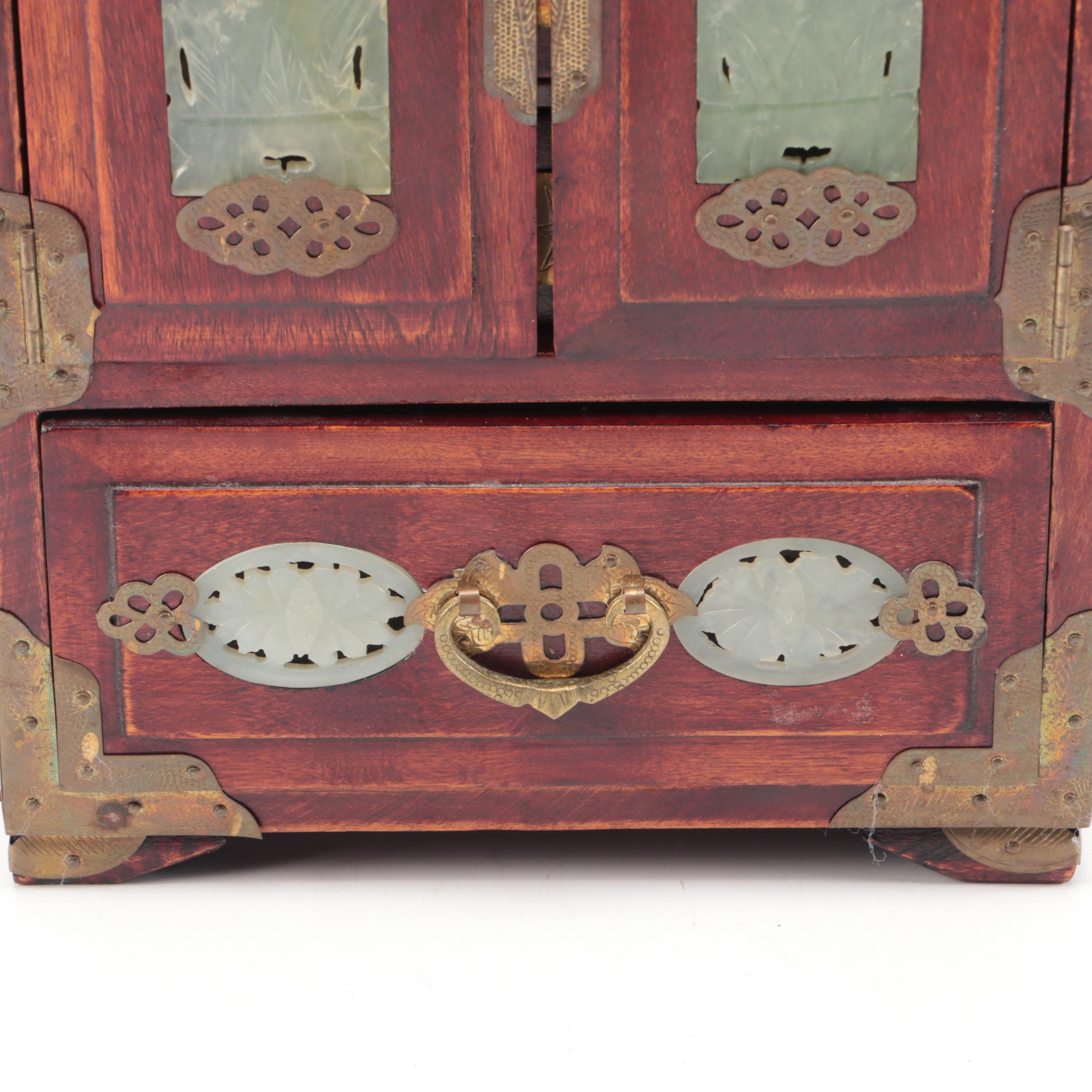 Chinese Wooden Jewelry Cabinet with Brass Mounts and Serpentine Inlays