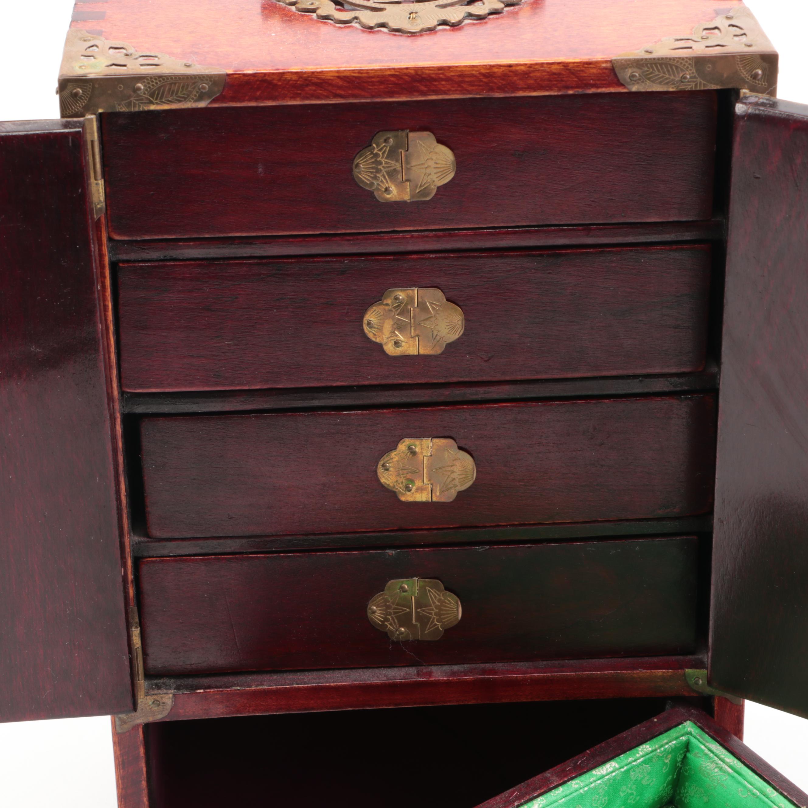 Chinese Wooden Jewelry Cabinet with Brass Mounts and Serpentine Inlays