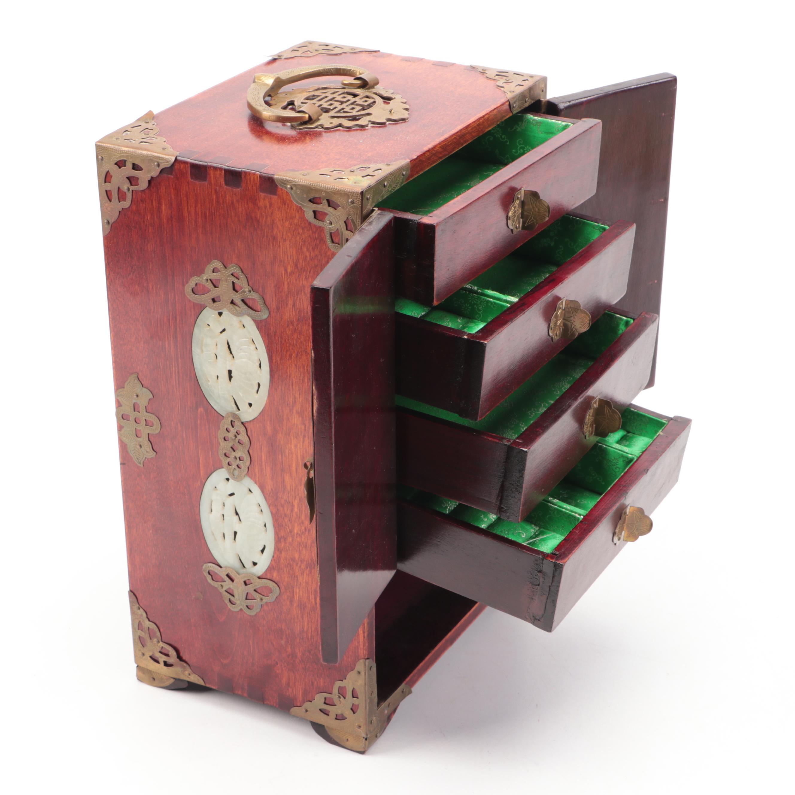 Chinese Wooden Jewelry Cabinet with Brass Mounts and Serpentine Inlays