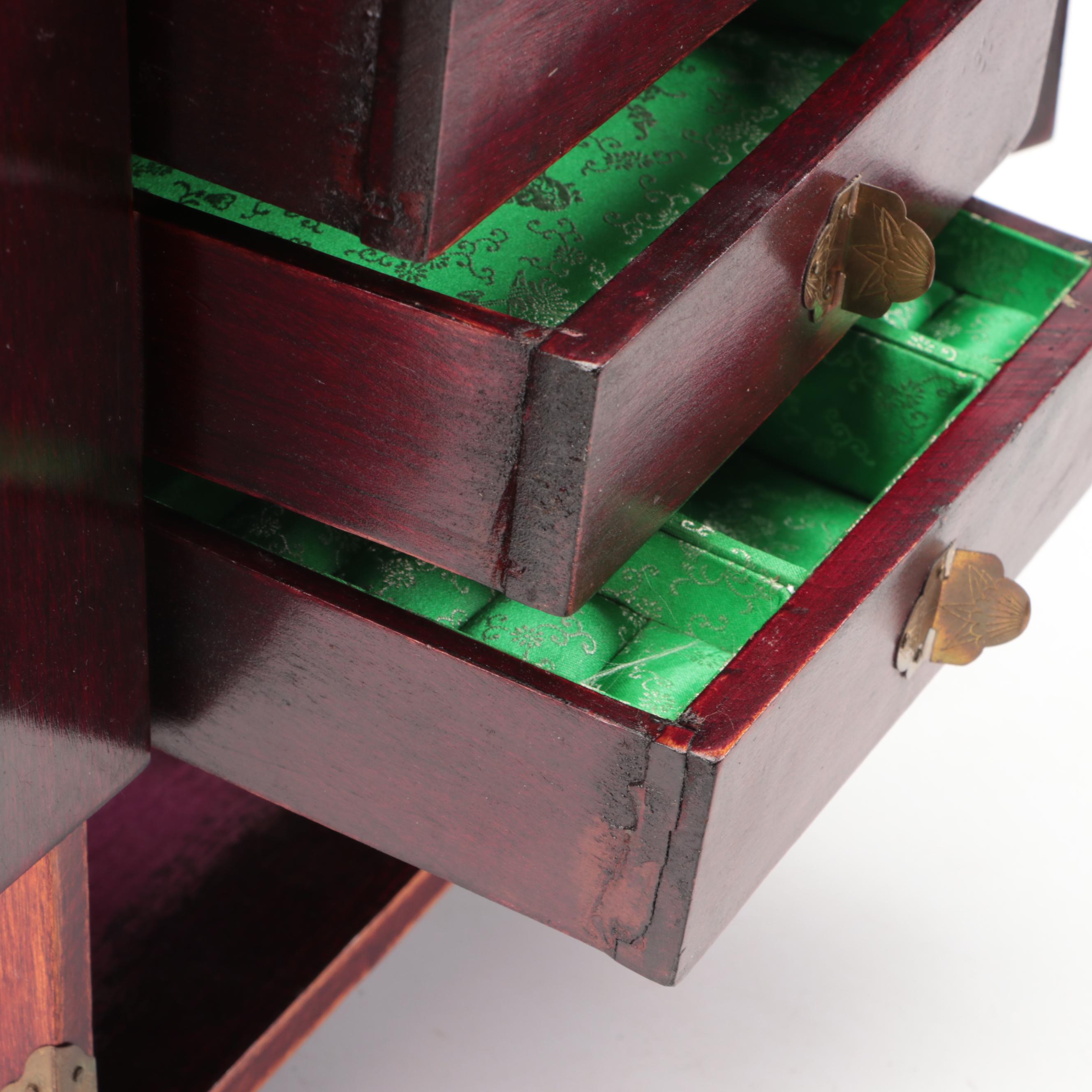 Chinese Wooden Jewelry Cabinet with Brass Mounts and Serpentine Inlays