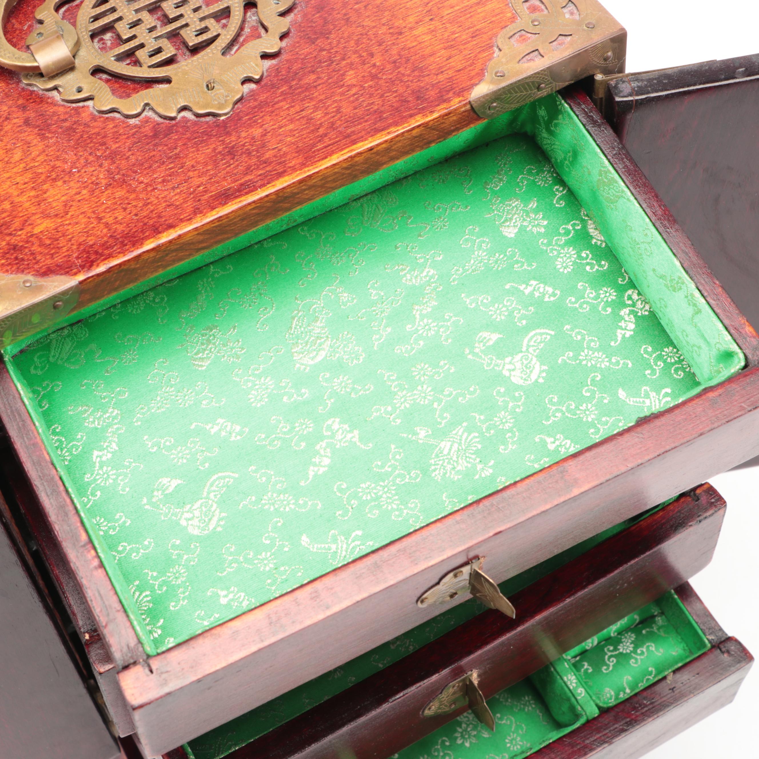 Chinese Wooden Jewelry Cabinet with Brass Mounts and Serpentine Inlays