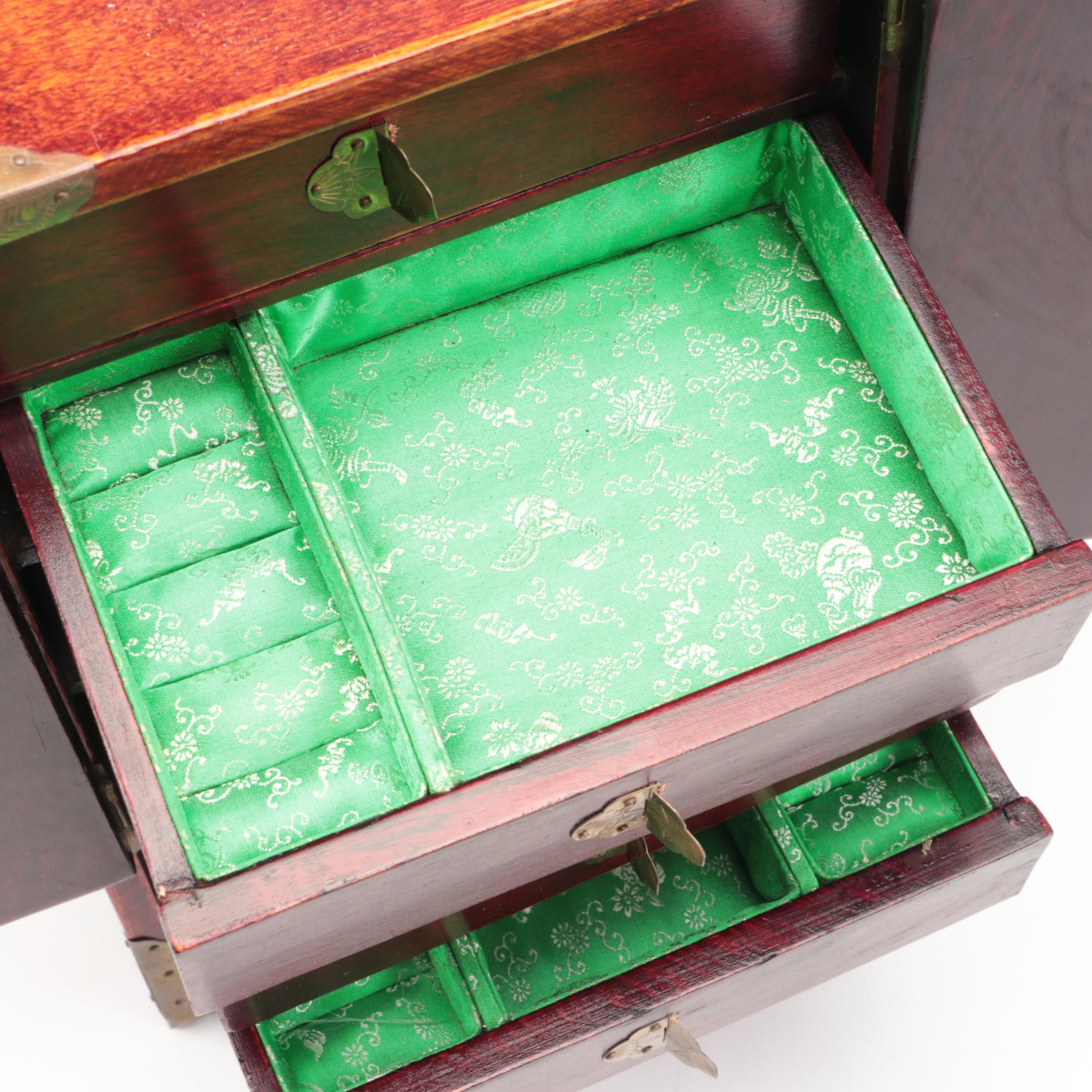 Chinese Wooden Jewelry Cabinet with Brass Mounts and Serpentine Inlays