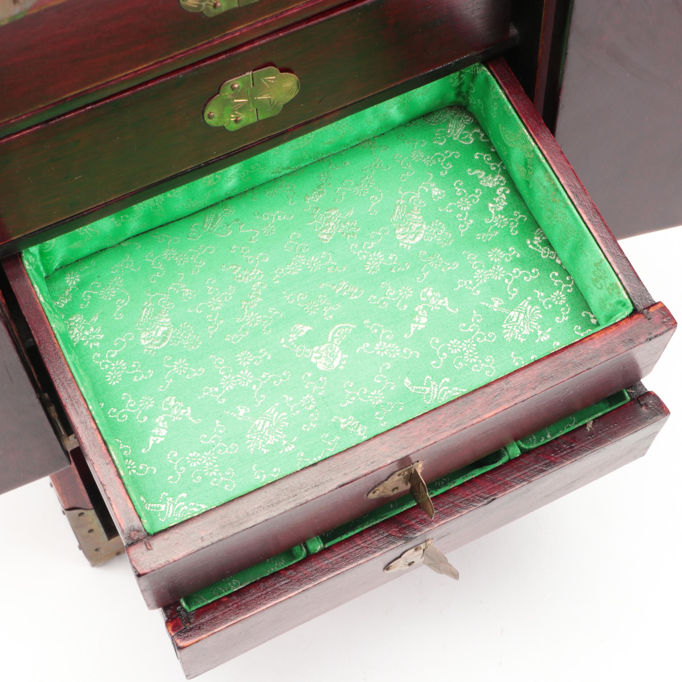 Chinese Wooden Jewelry Cabinet with Brass Mounts and Serpentine Inlays