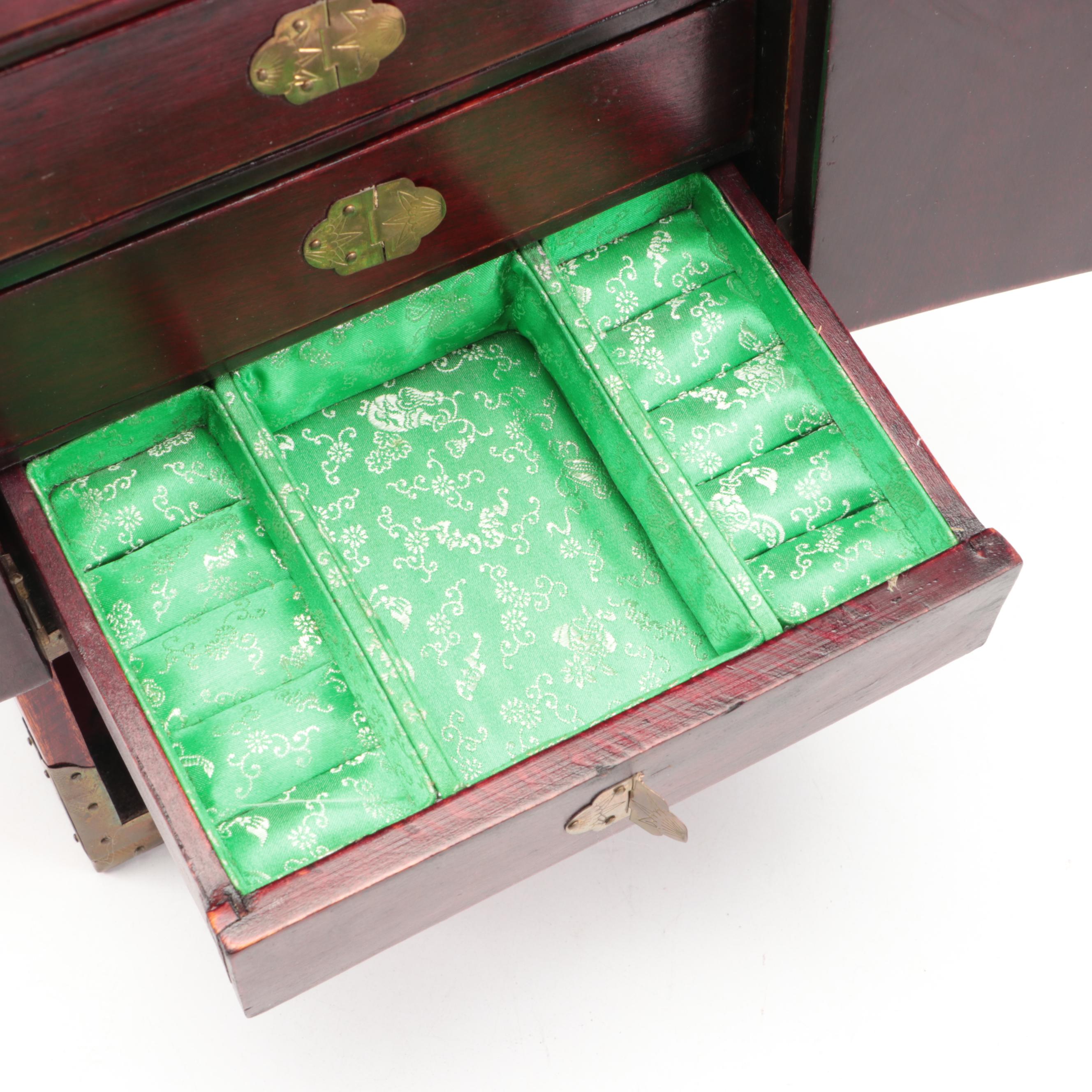 Chinese Wooden Jewelry Cabinet with Brass Mounts and Serpentine Inlays