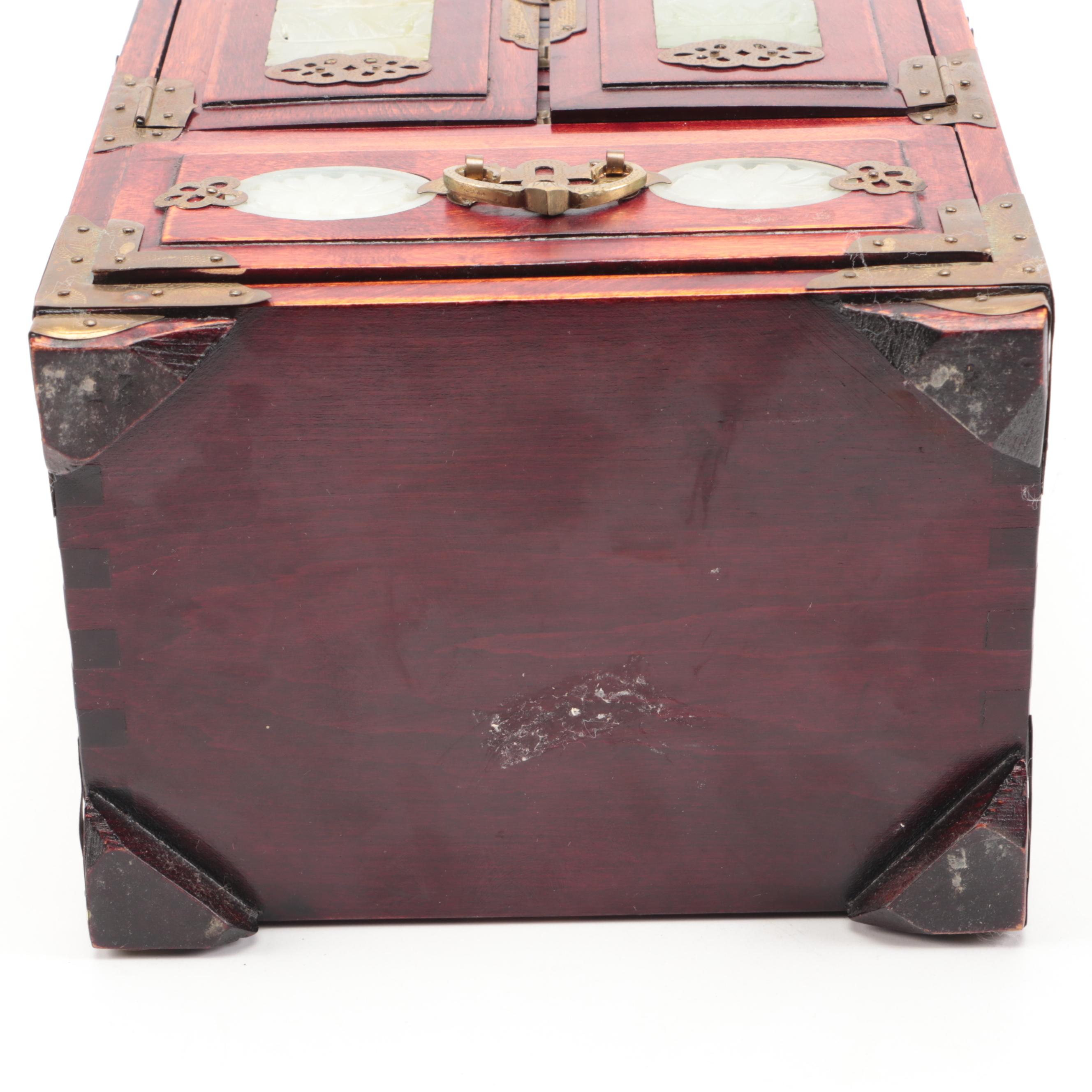 Chinese Wooden Jewelry Cabinet with Brass Mounts and Serpentine Inlays