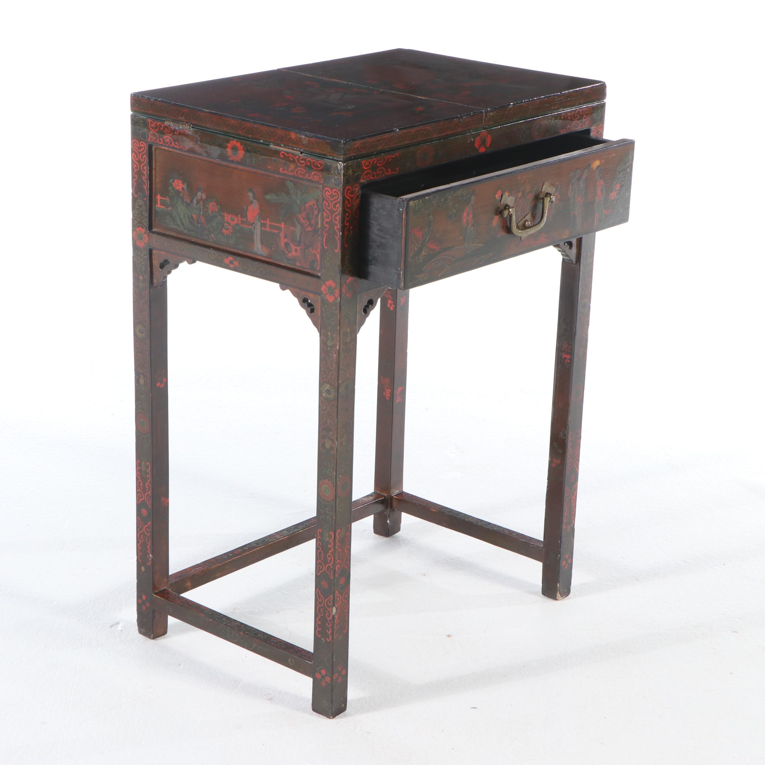 Chinese Hand-Painted Lacquerware Lift-Top Vanity, Late 19th / Early 20th Century