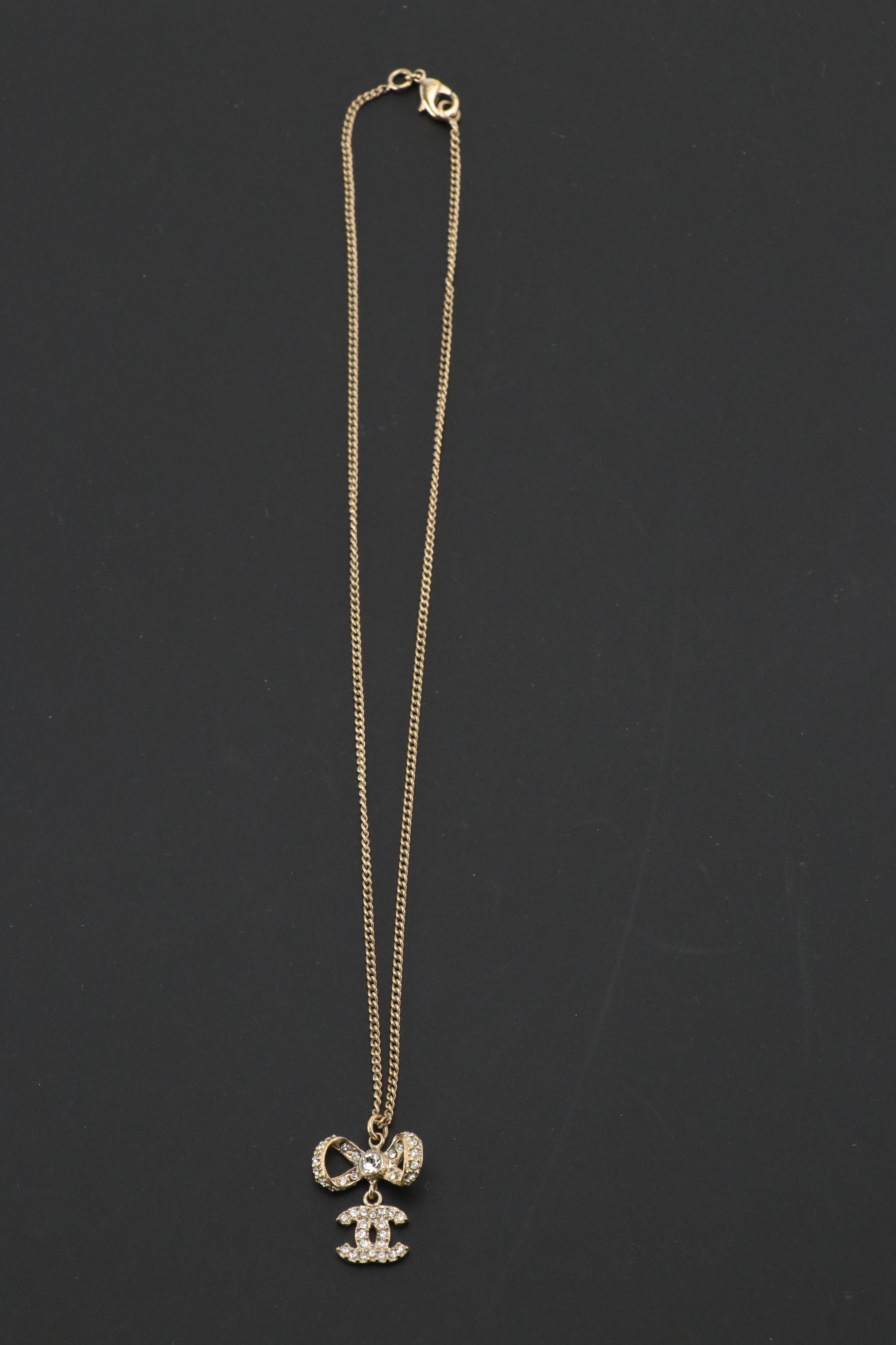 Chanel Crystal Bow CC Drop Pendant Necklace