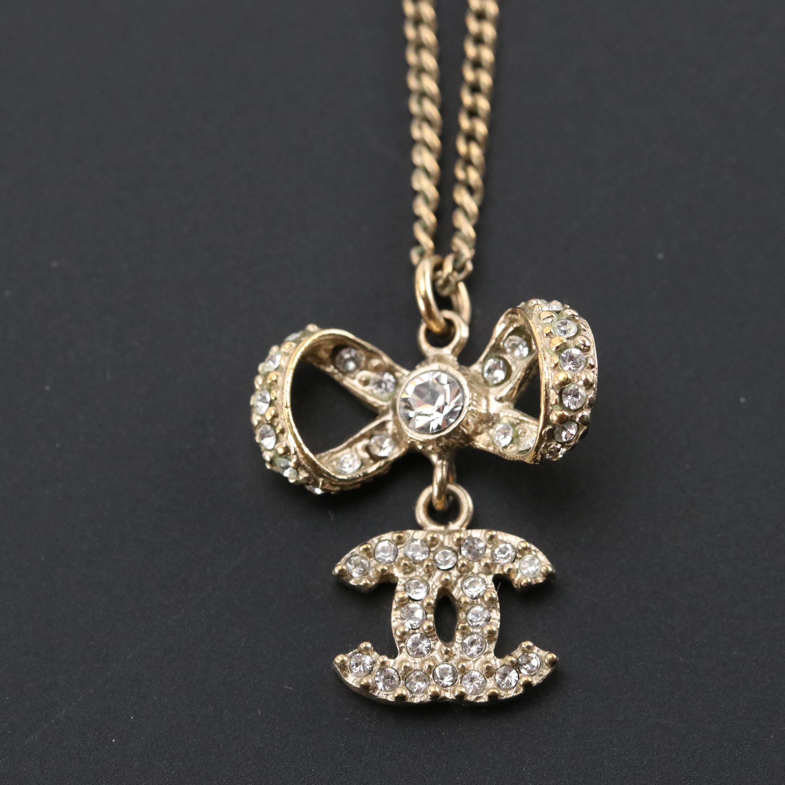 Chanel Crystal Bow CC Drop Pendant Necklace