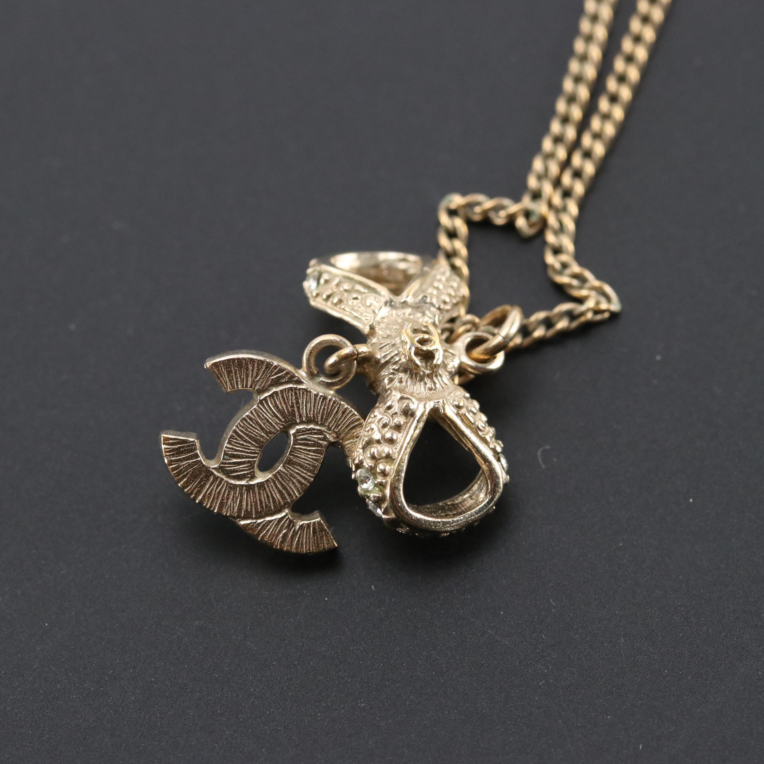 Chanel Crystal Bow CC Drop Pendant Necklace