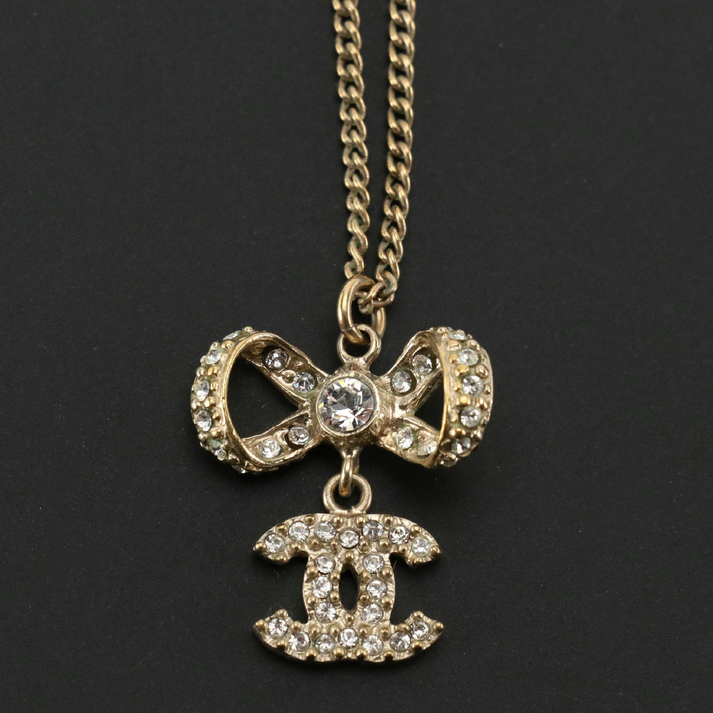 Chanel Crystal Bow CC Drop Pendant Necklace