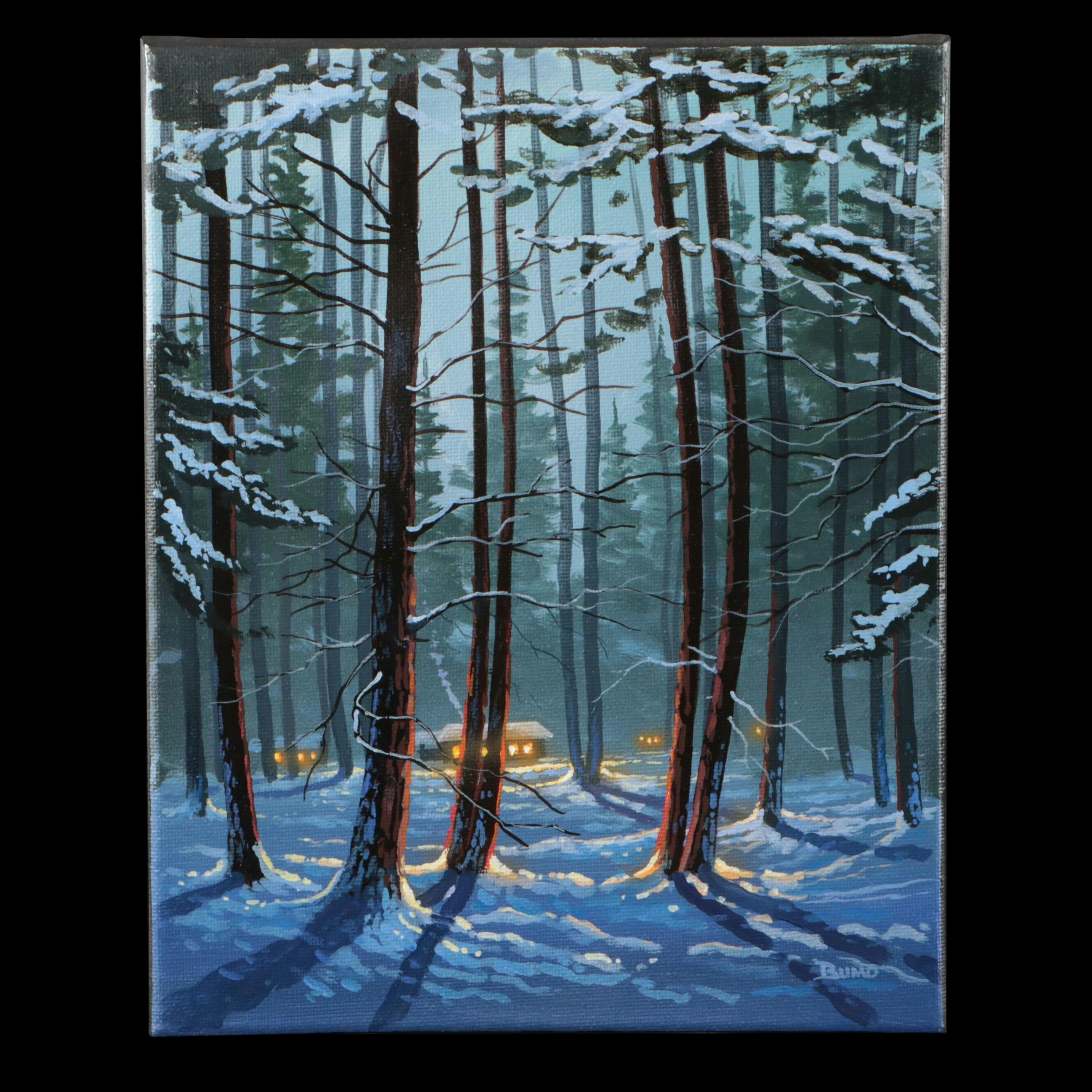 Doug "Bumo" Johnpeer Landscape Oil Painting "Winter Cabins," 2025