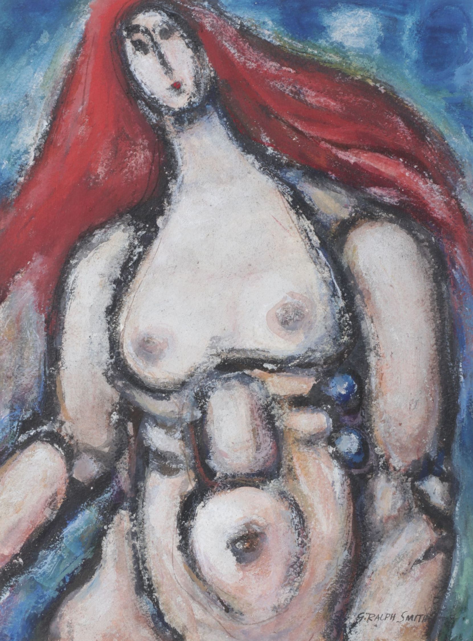 G. Ralph Smith "Lady with Red Hair #2" Mixed Media Painting, 1970s