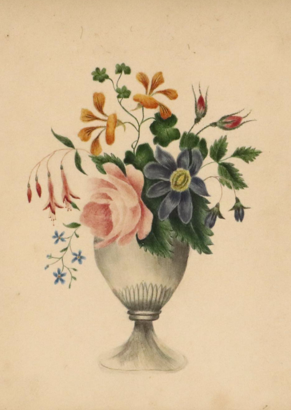 Colored Pencil and Watercolor Illustration Vase with Flowers, Early 20th Century