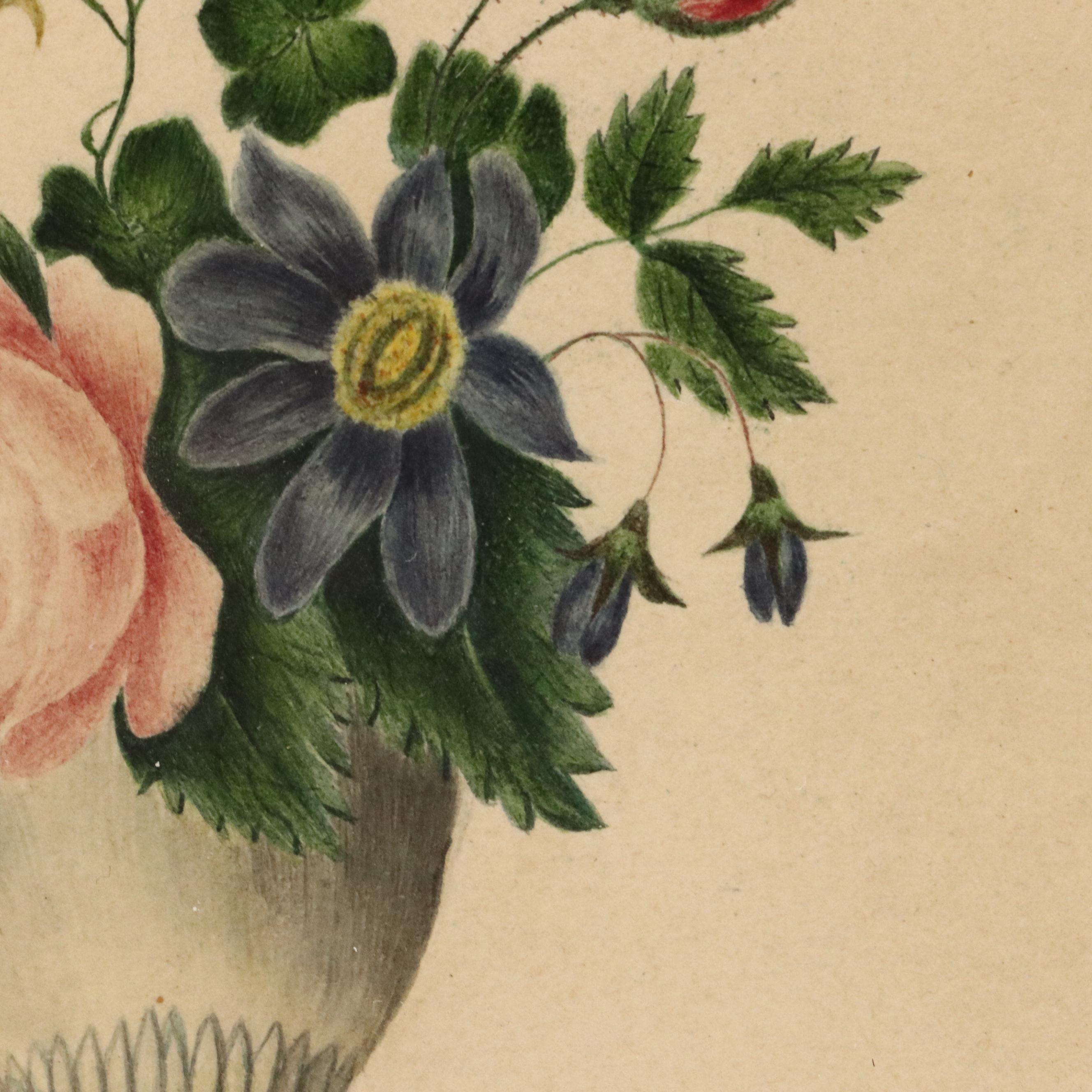 Colored Pencil and Watercolor Illustration Vase with Flowers, Early 20th Century