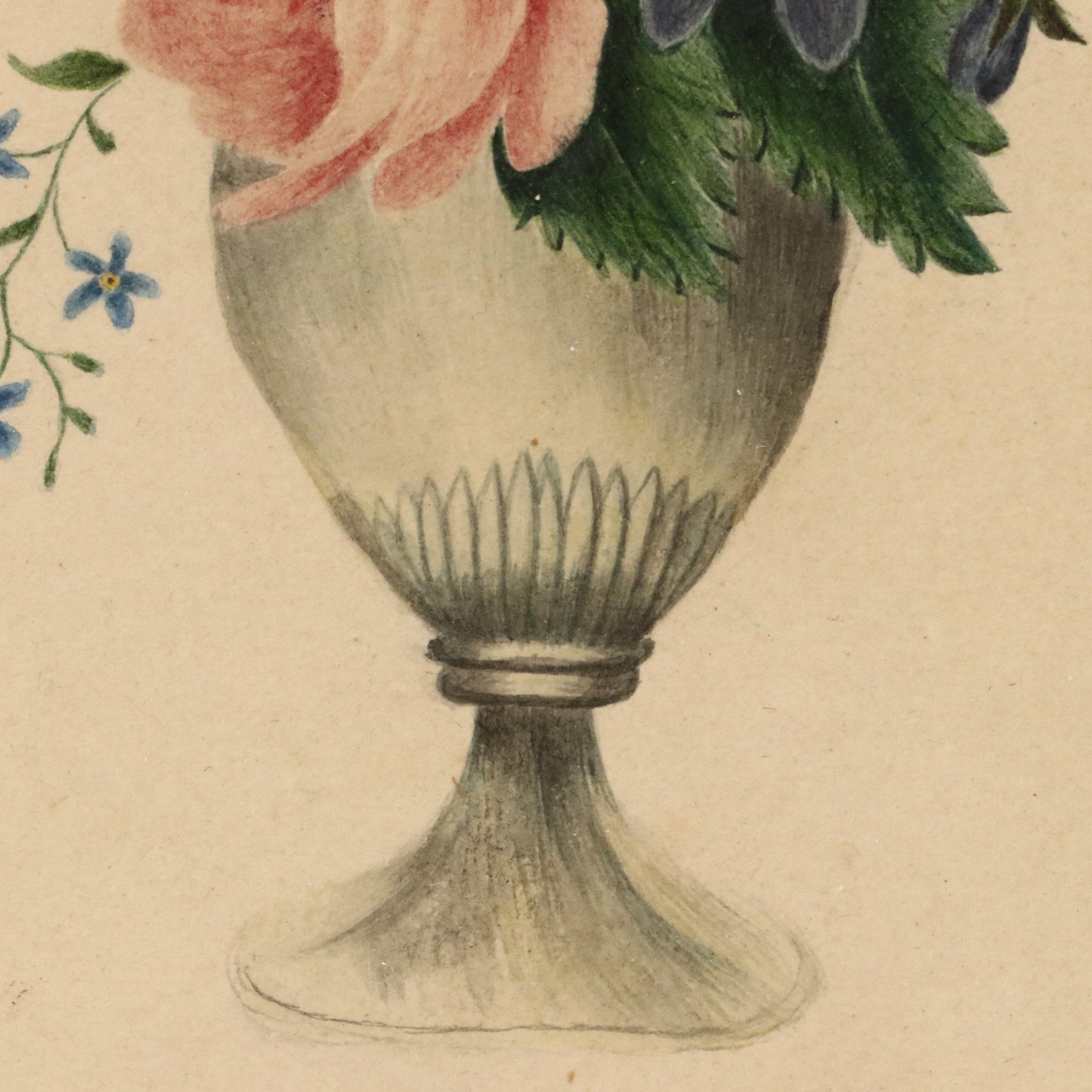 Colored Pencil and Watercolor Illustration Vase with Flowers, Early 20th Century