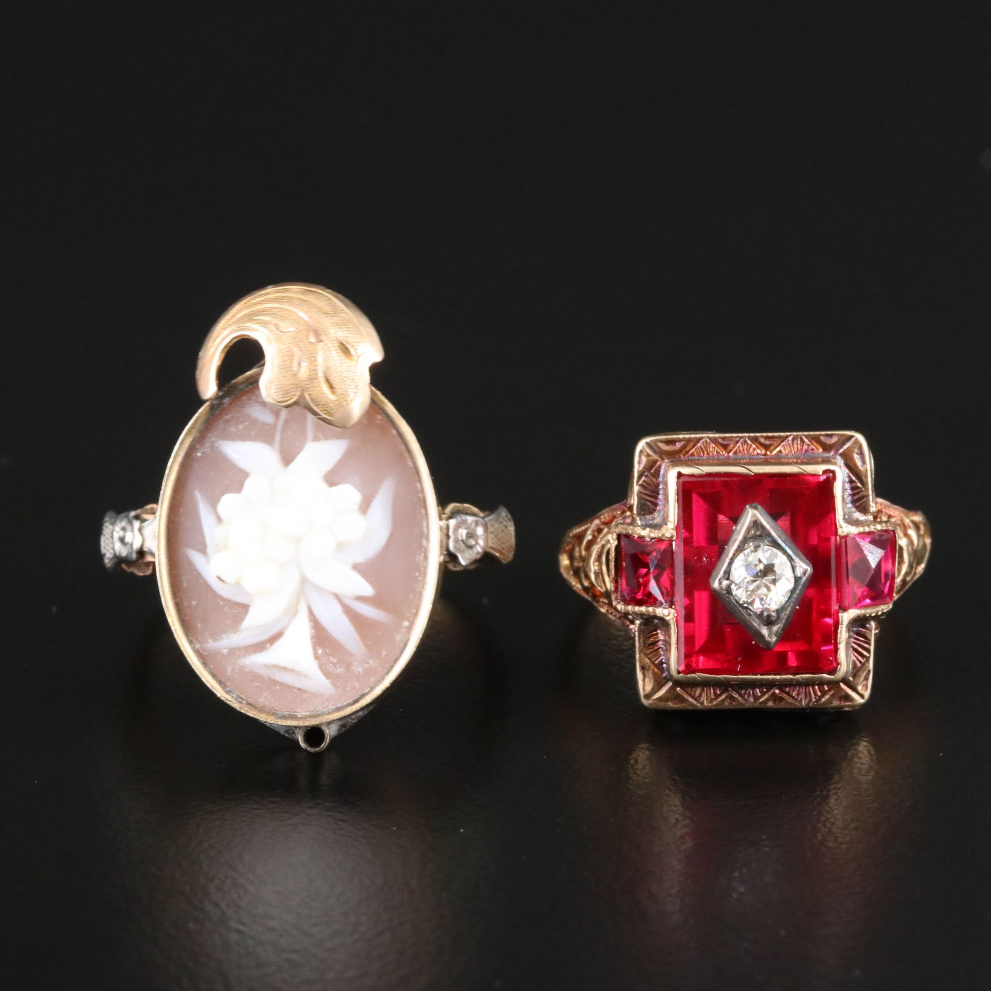 Antique 14K Rings Including Shell Cameo and Diamond