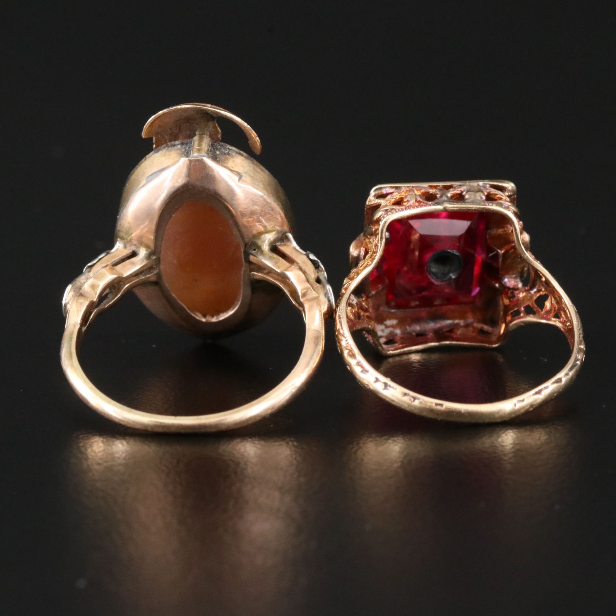 Antique 14K Rings Including Shell Cameo and Diamond