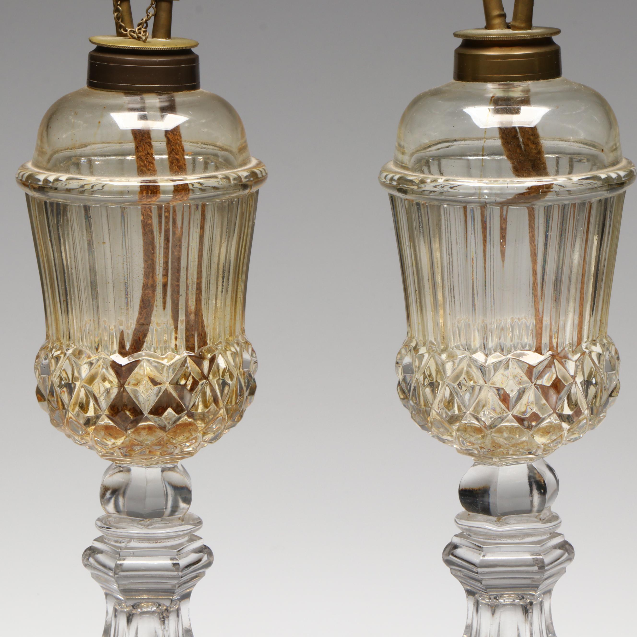 Pair of Victorian Double Burner Whale Oil Glass Lamps, 19th Century