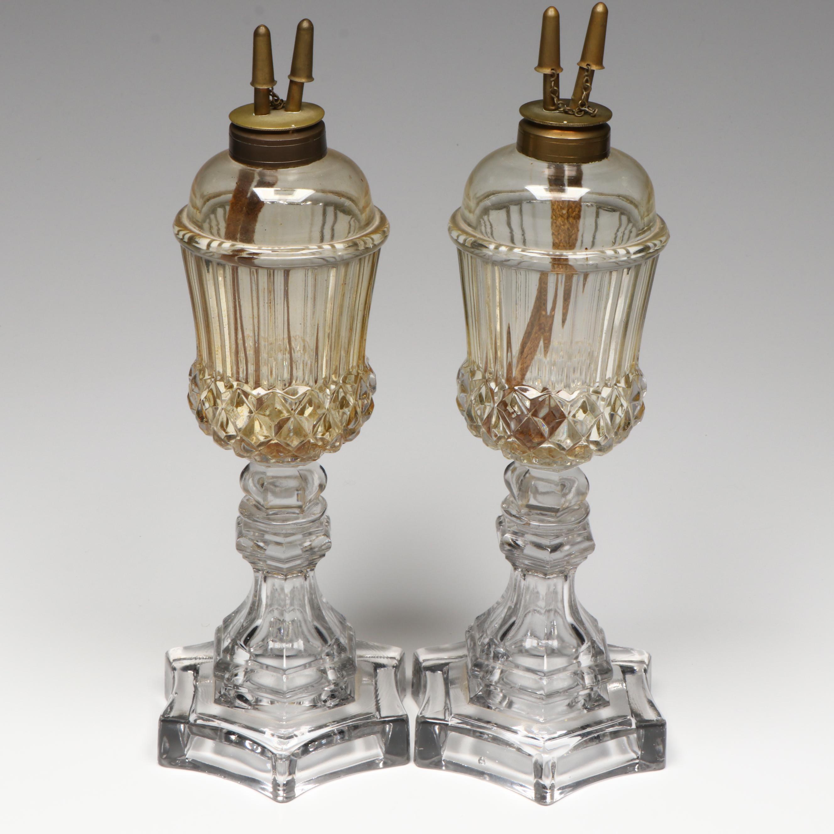 Pair of Victorian Double Burner Whale Oil Glass Lamps, 19th Century