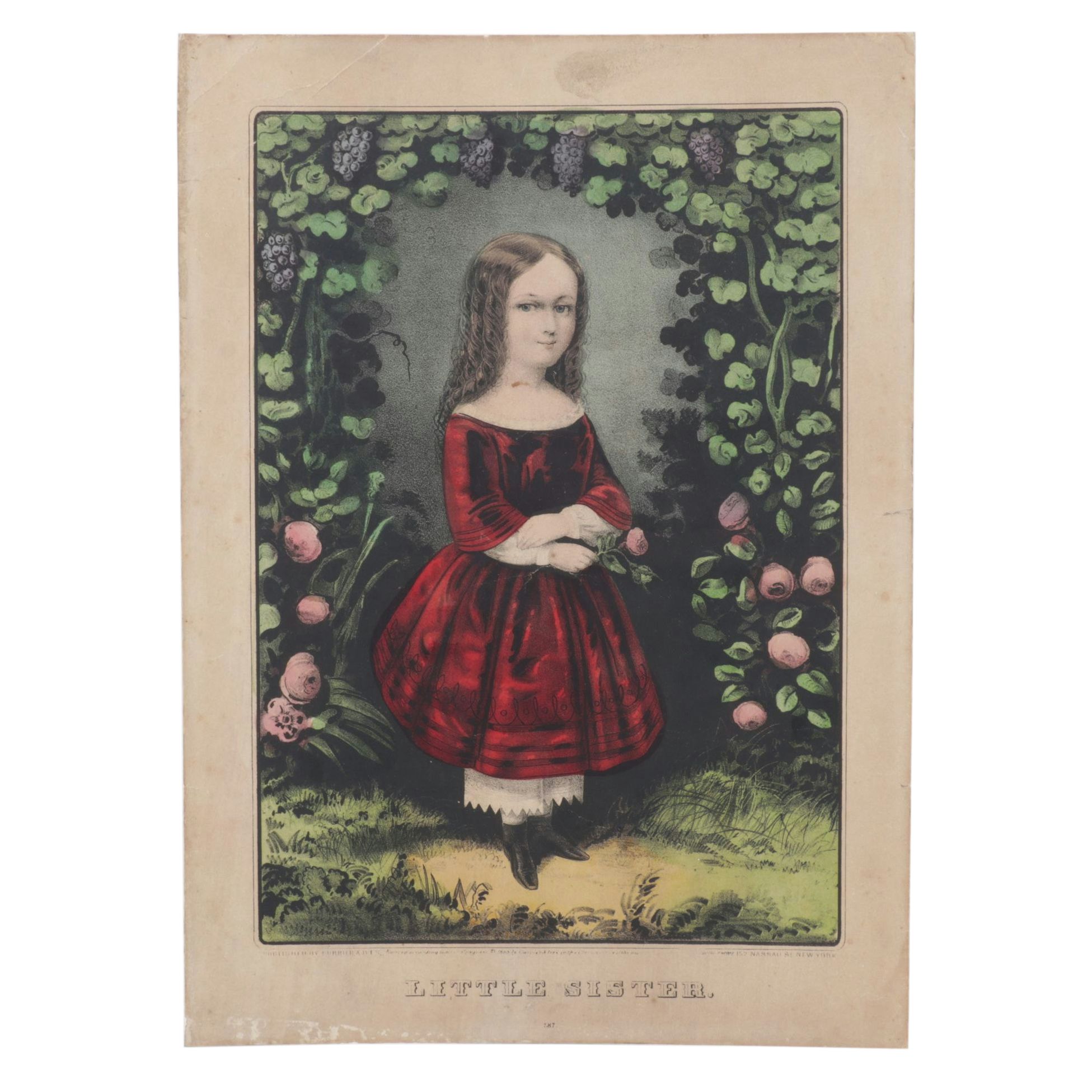 Currier and Ives Hand-Colored Lithograph "Little Sister" , 1865