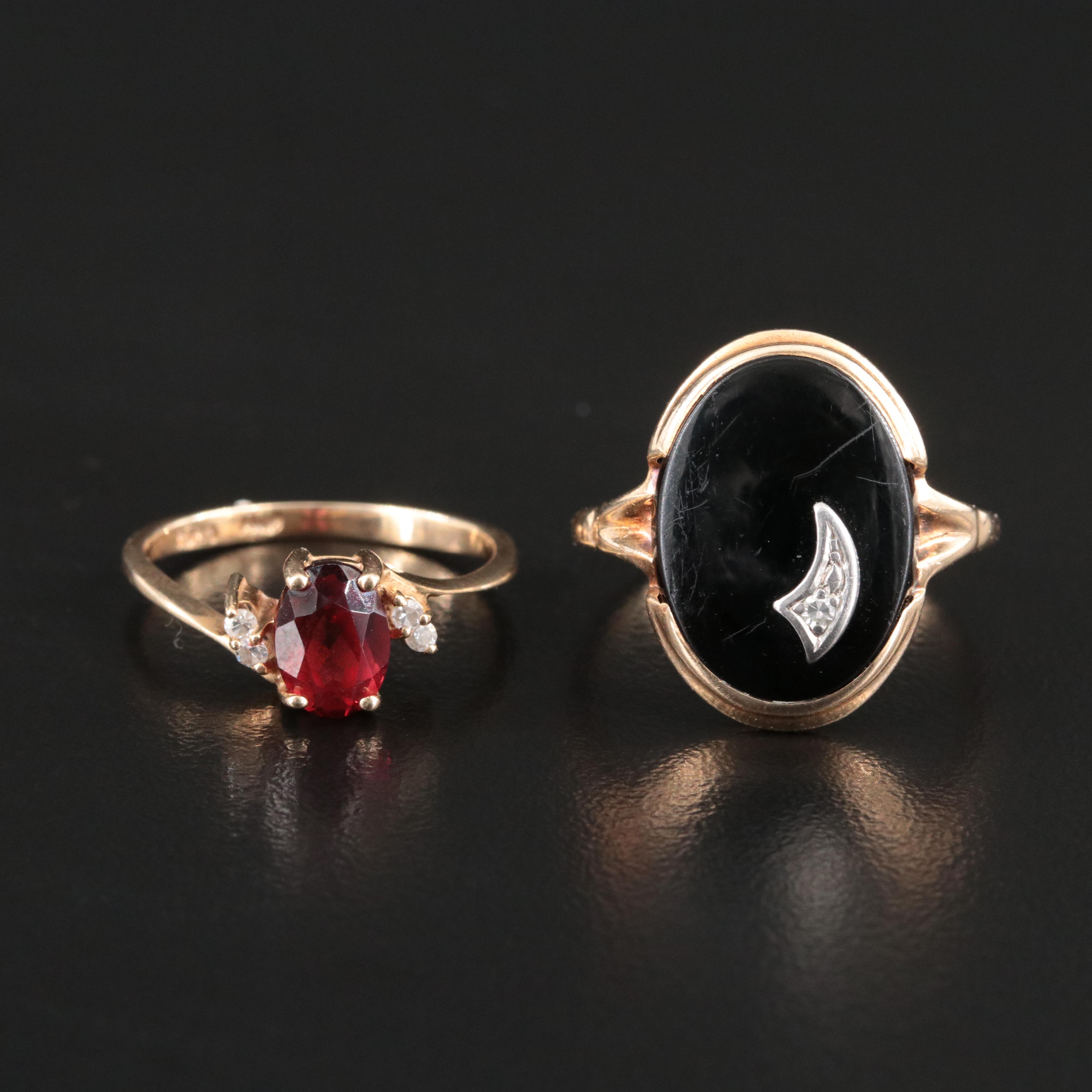 Gemstone Rings Including 10K Vintage and 14K Garnet, Black Onyx and Diamond