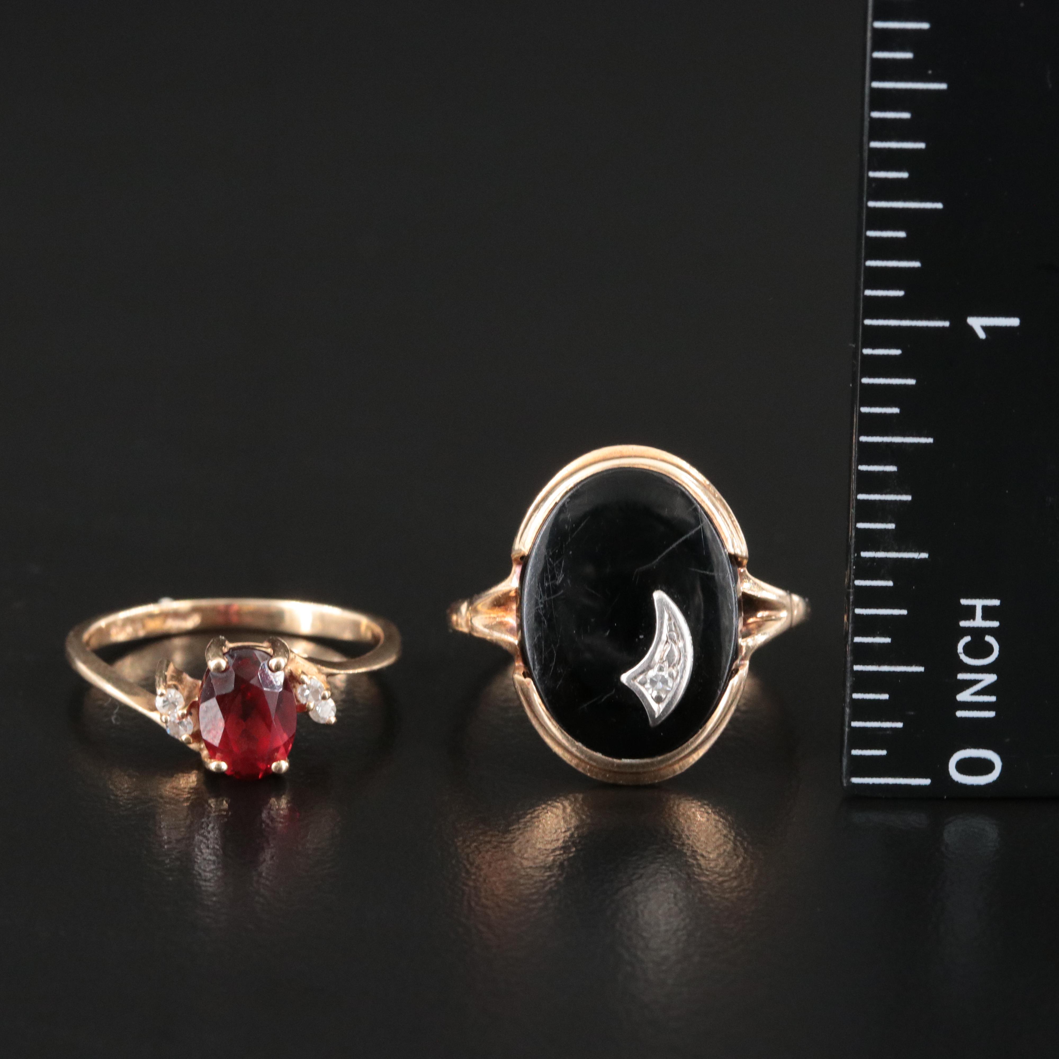 Gemstone Rings Including 10K Vintage and 14K Garnet, Black Onyx and Diamond