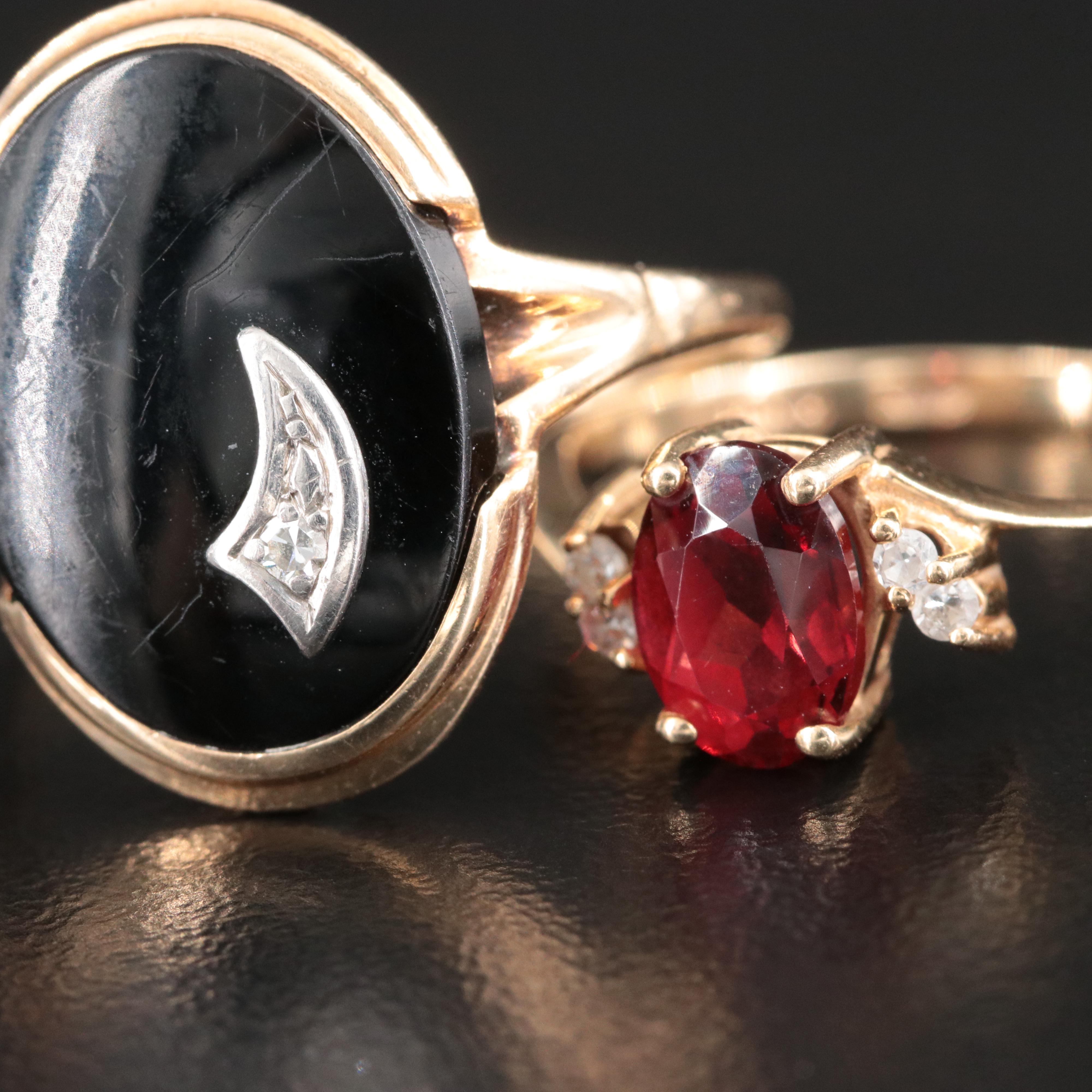 Gemstone Rings Including 10K Vintage and 14K Garnet, Black Onyx and Diamond