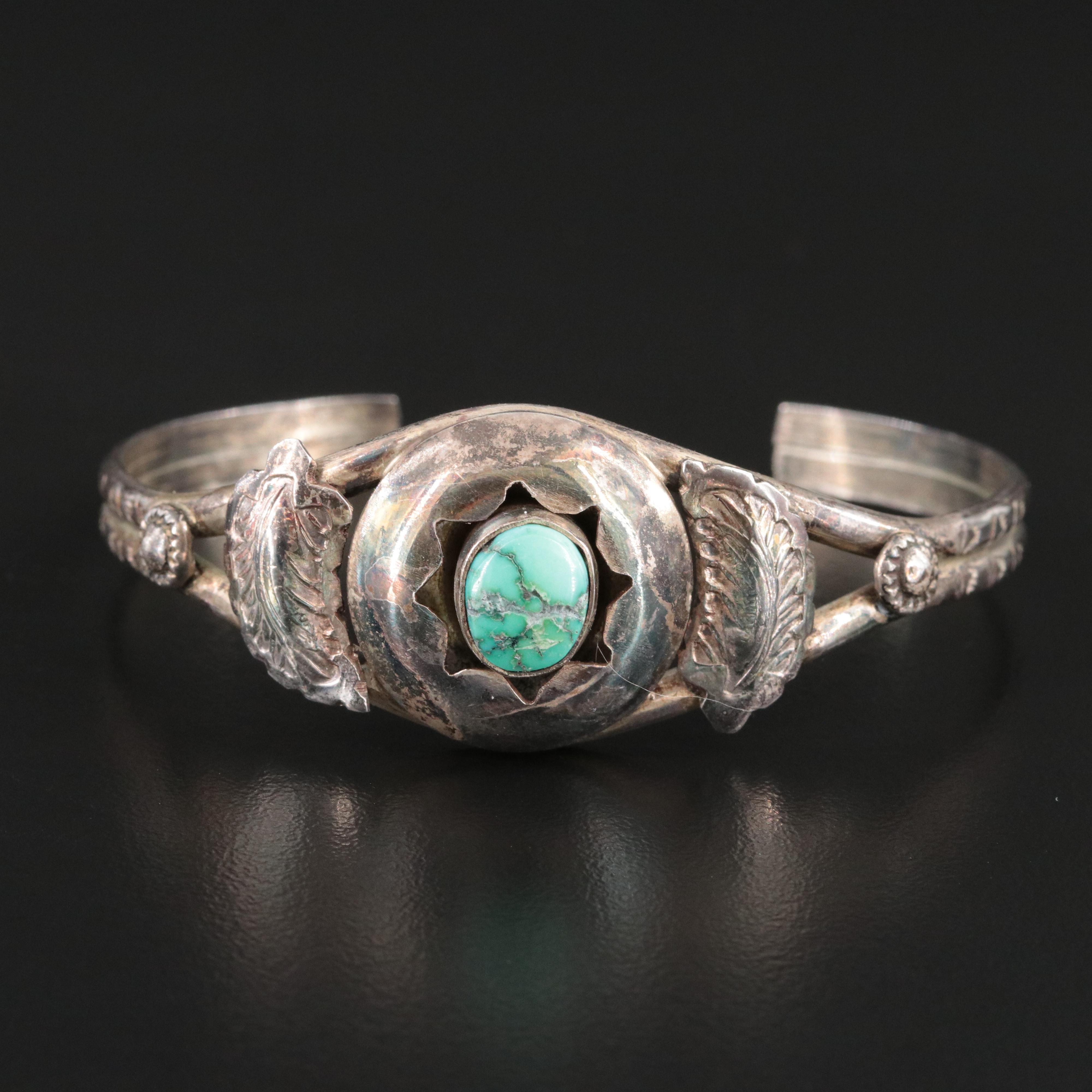 Western Sterling Turquoise Feather and Shadowbox Cuff Bracelet