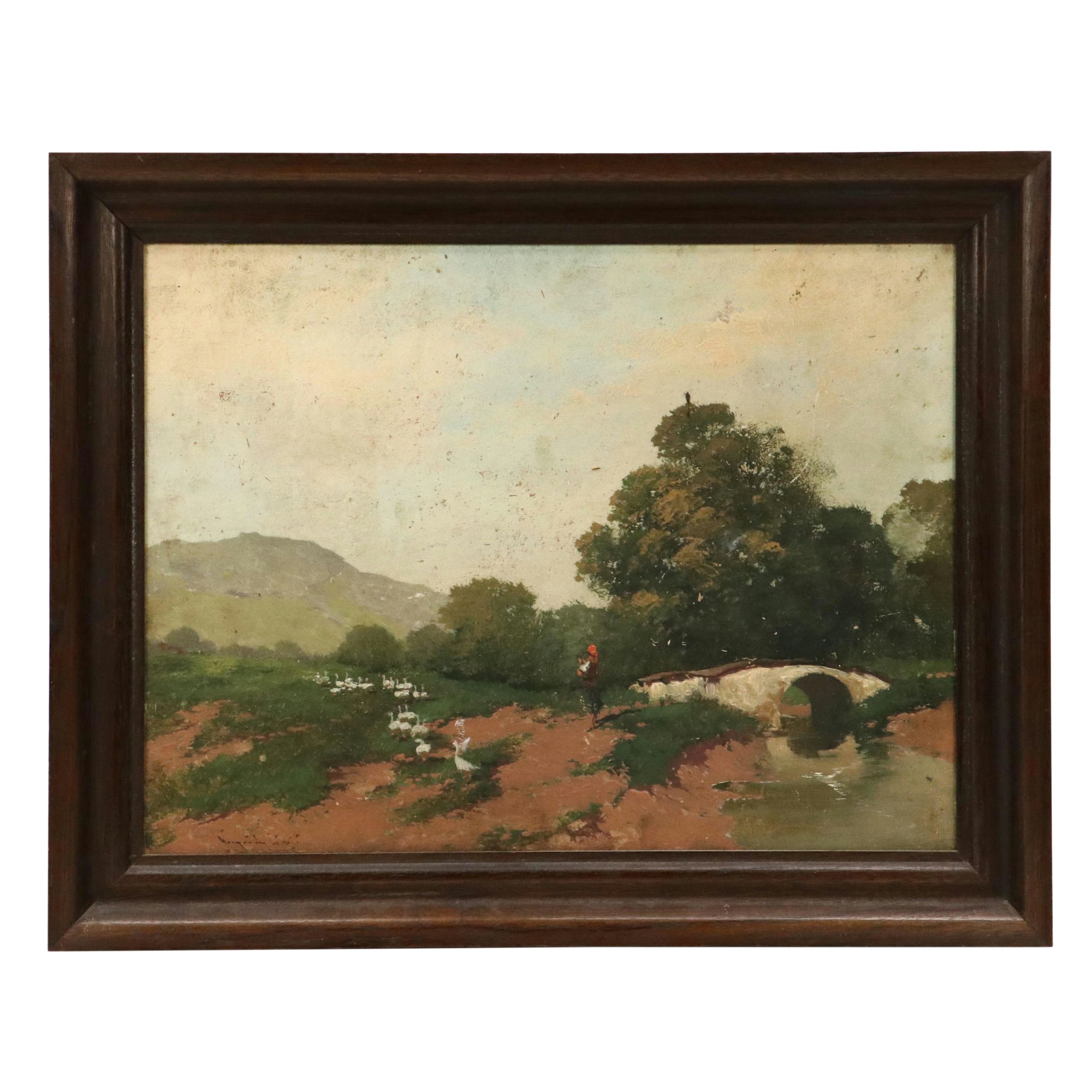 Landscape Oil Painting of Shepherdess and Gooseherd at Footbridge