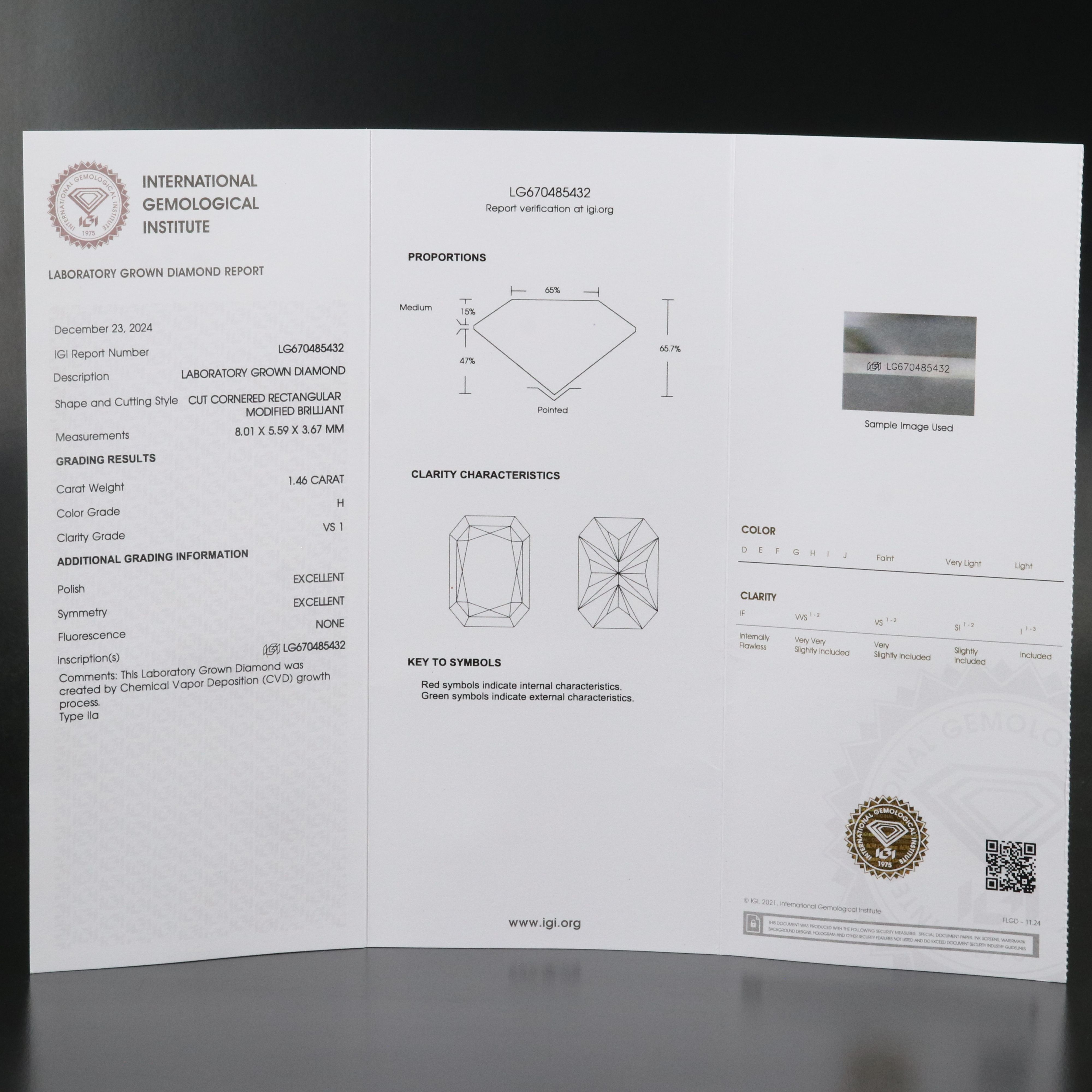Loose 1.46 CT Lab Grown Diamond with IGI Report