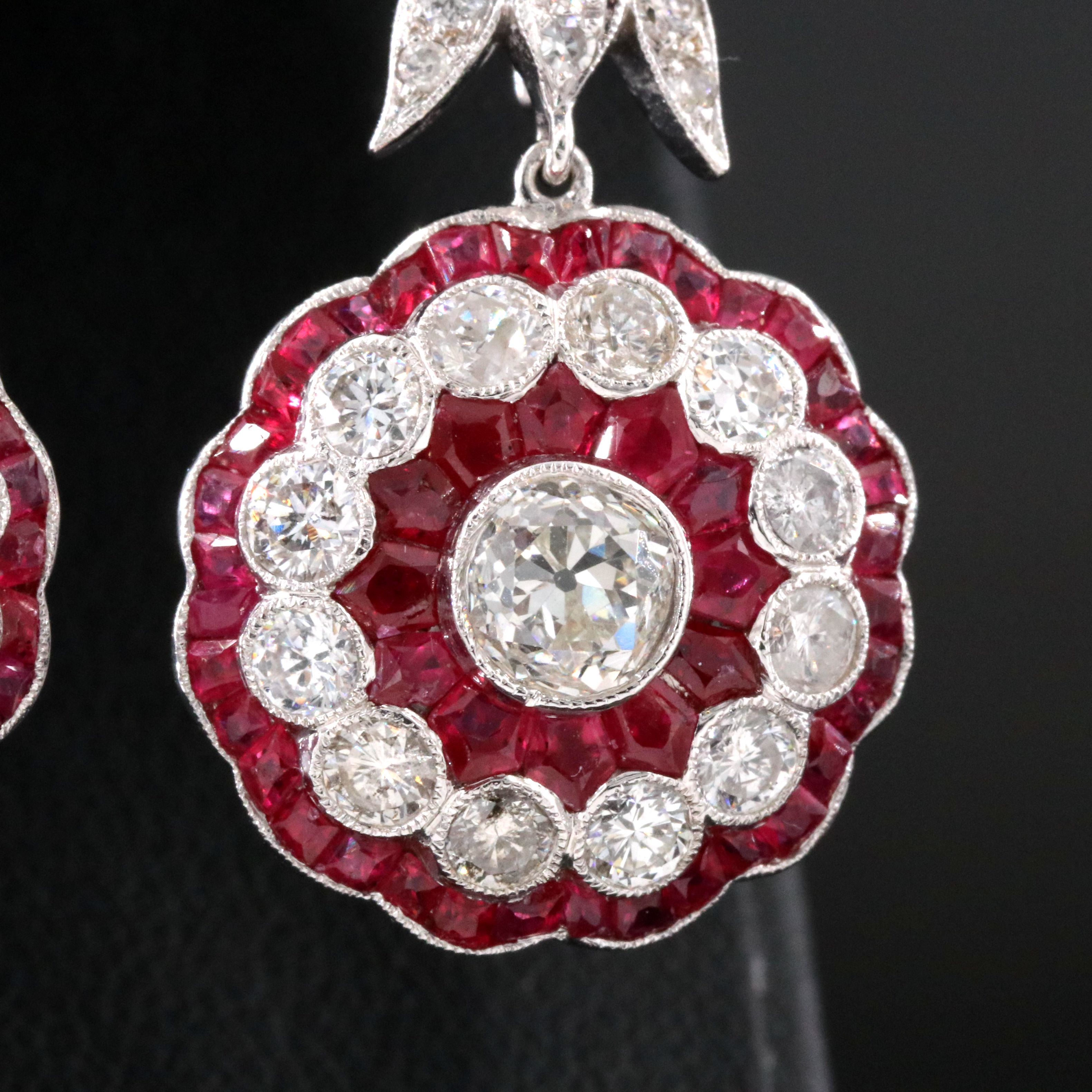 Art Deco 18K 3.09 CTW Diamond and Ruby Floral Earrings