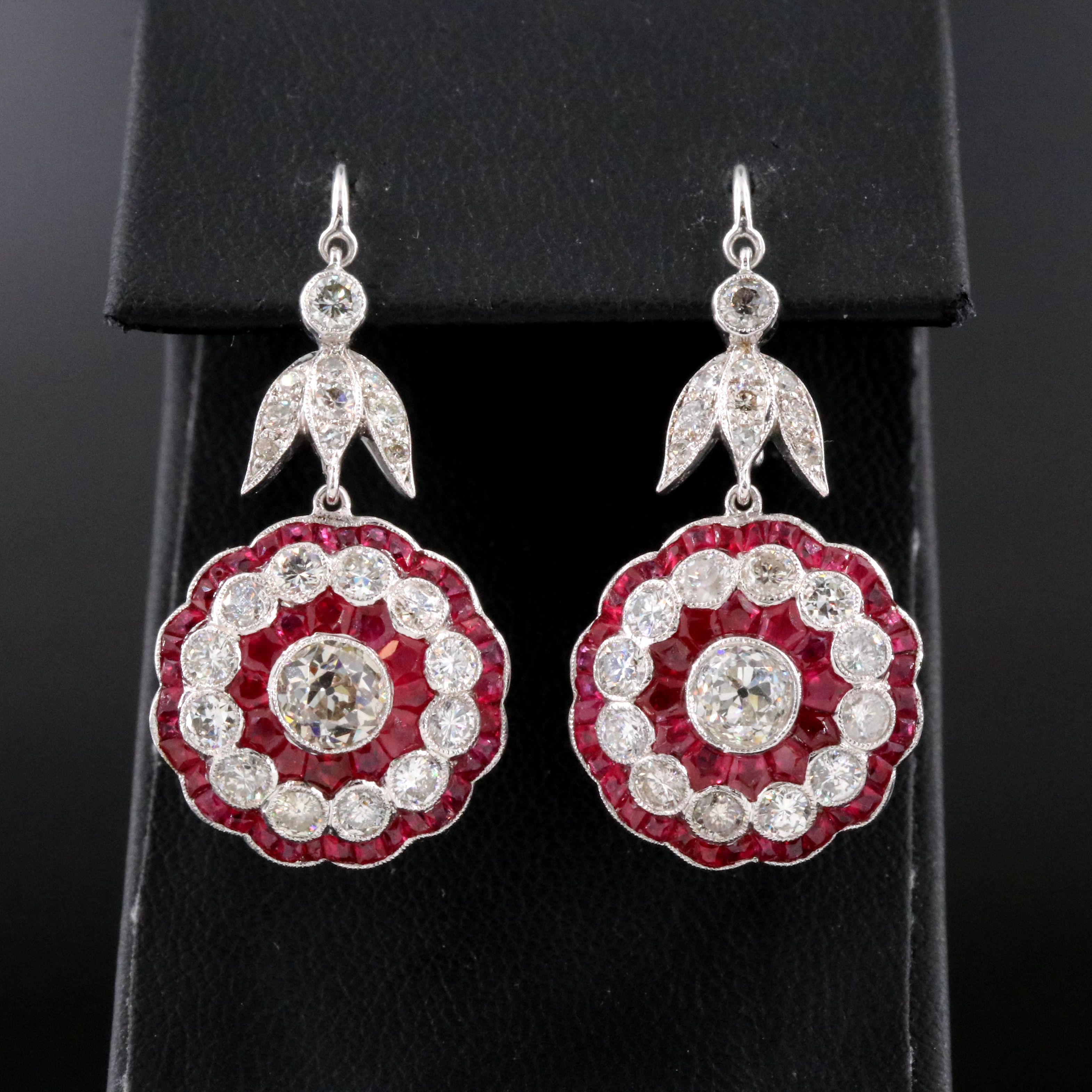 Art Deco 18K 3.09 CTW Diamond and Ruby Floral Earrings