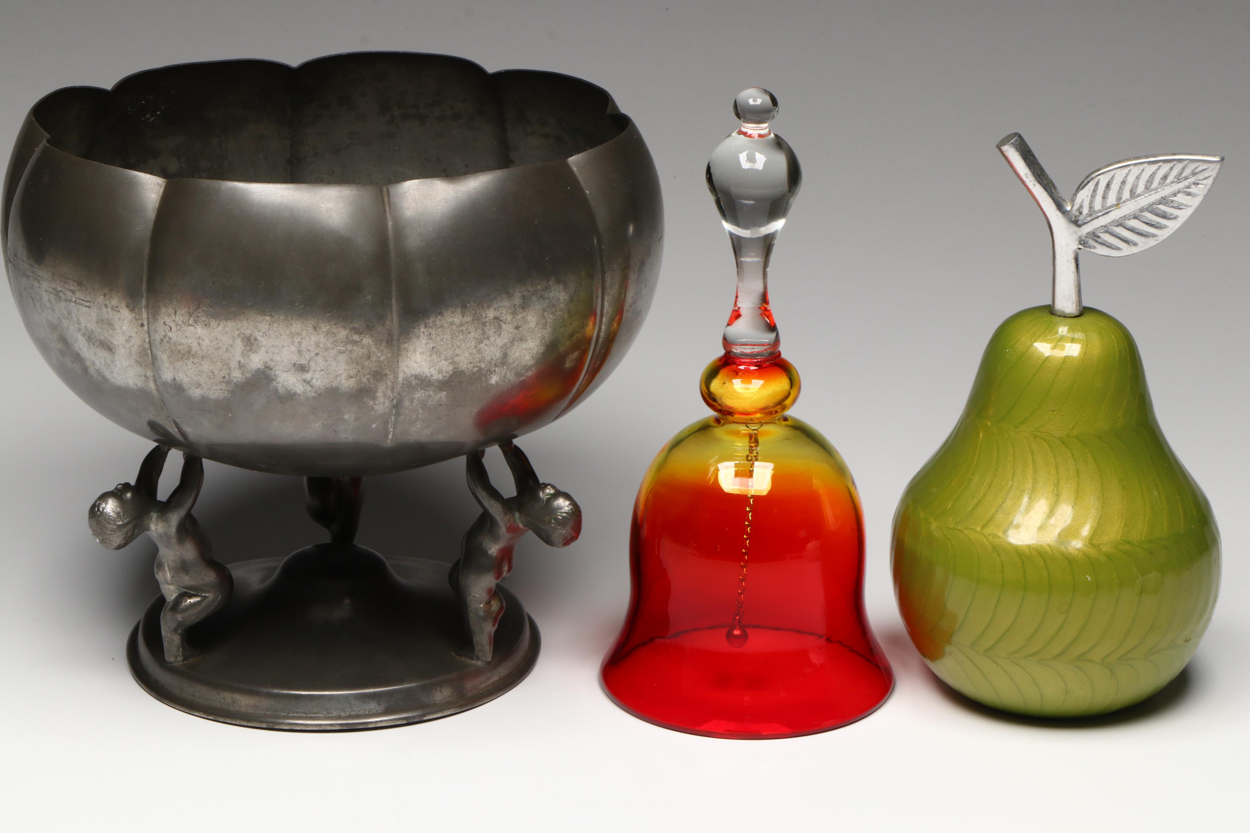 Pewter Pedestal Bowl with Trivet, Glass Figurines and Bell