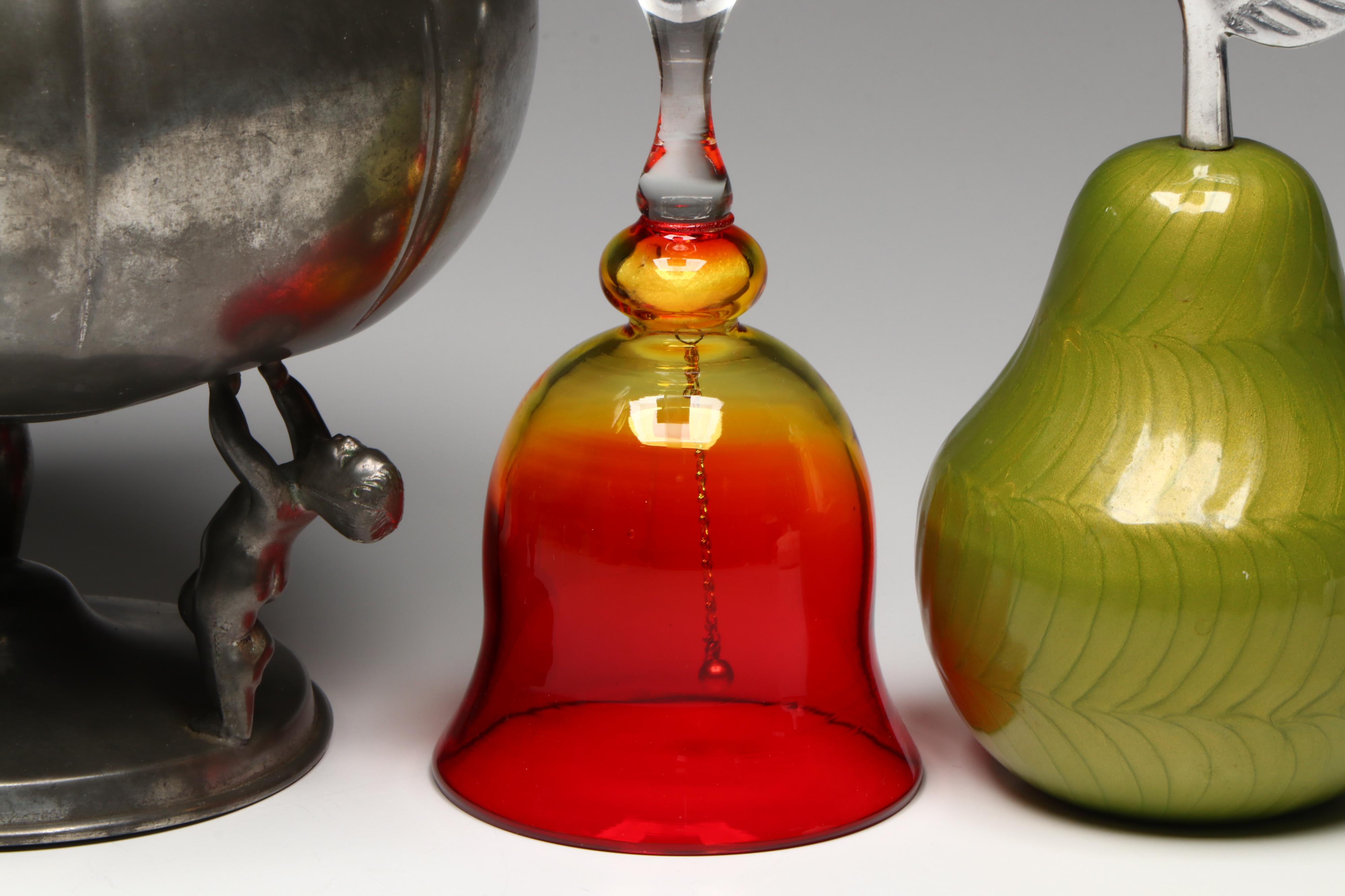 Pewter Pedestal Bowl with Trivet, Glass Figurines and Bell