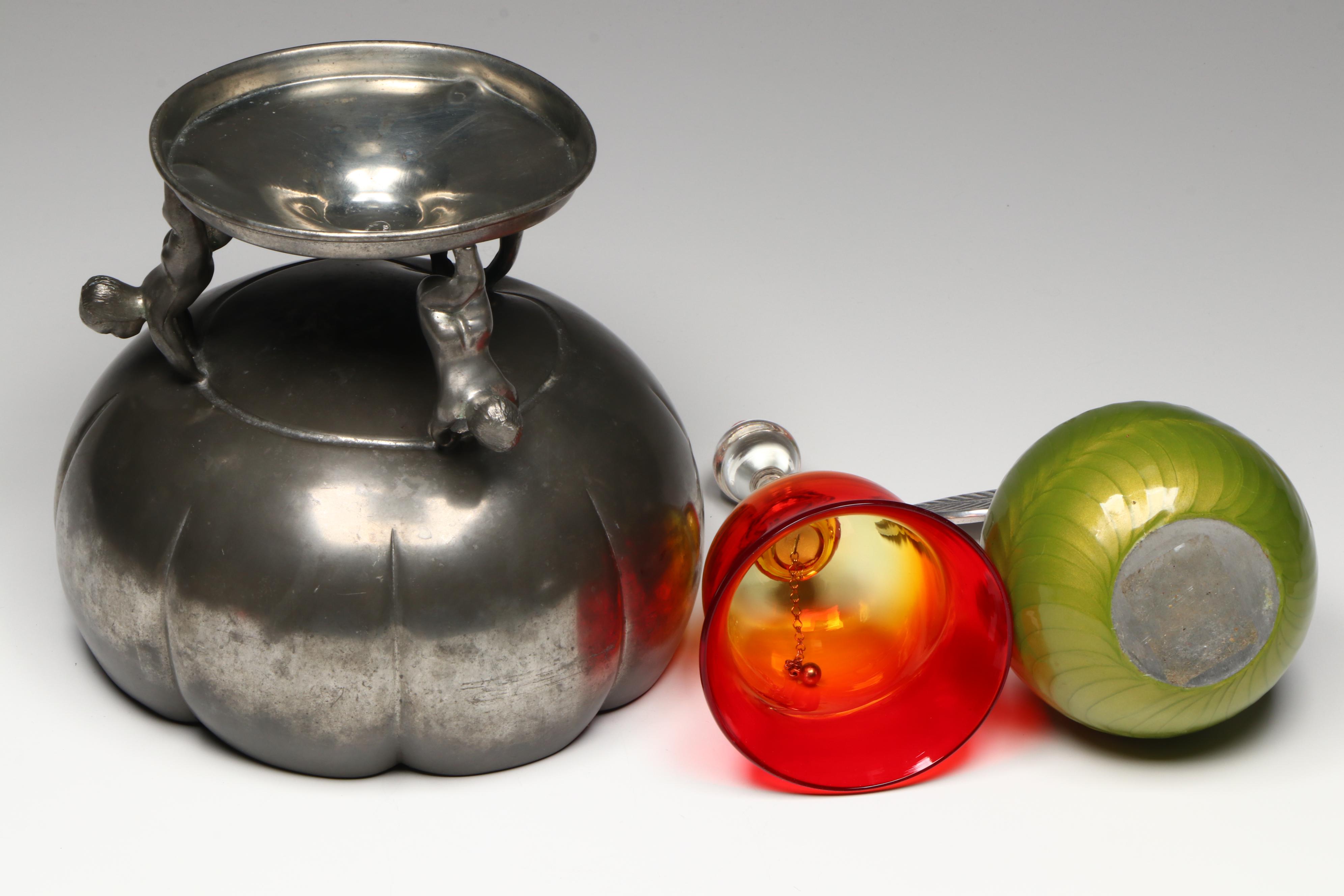 Pewter Pedestal Bowl with Trivet, Glass Figurines and Bell