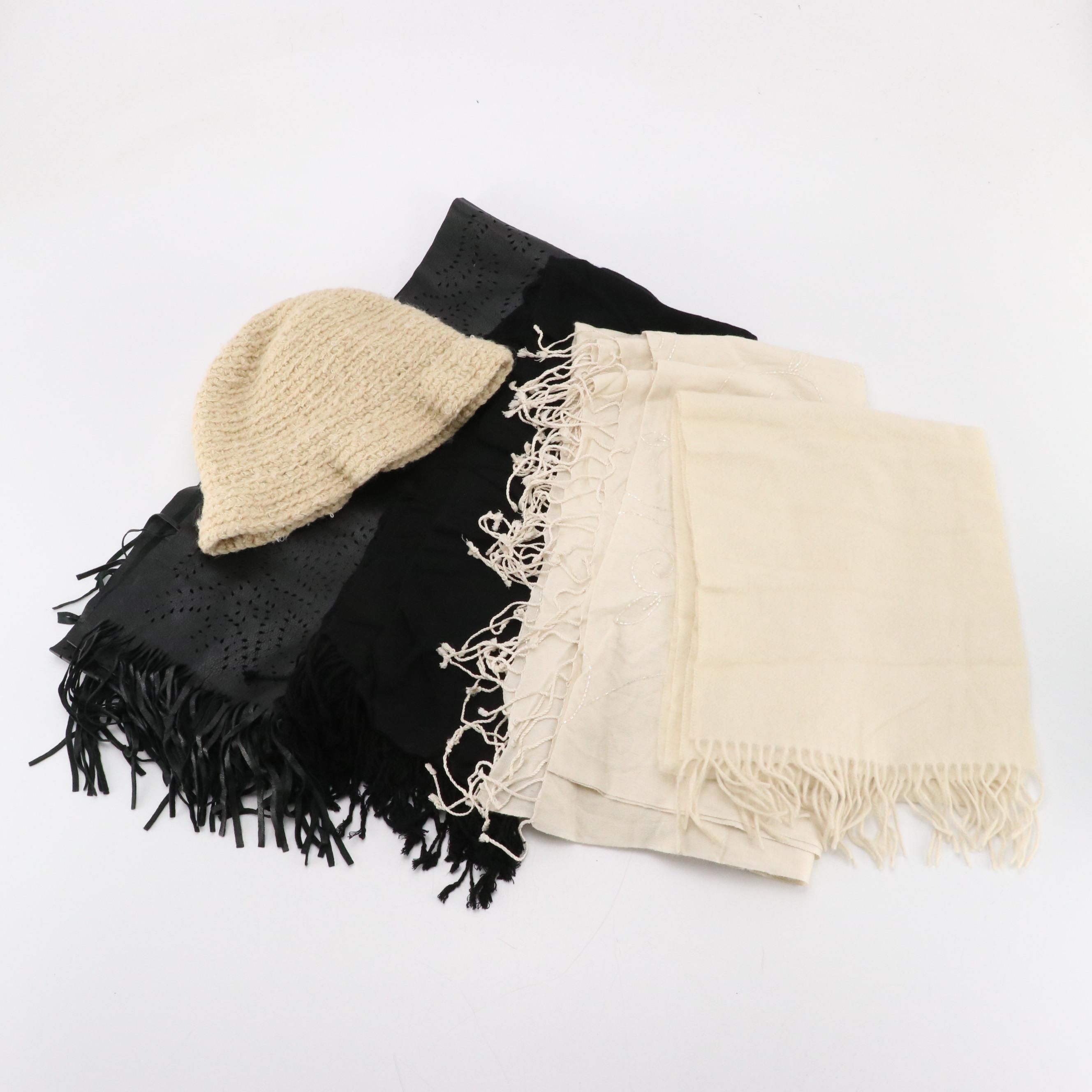 Diane Brott Woven Wool Hat, Votre Nom Beaded Silk/Cashmere Shawl, Other Scarves