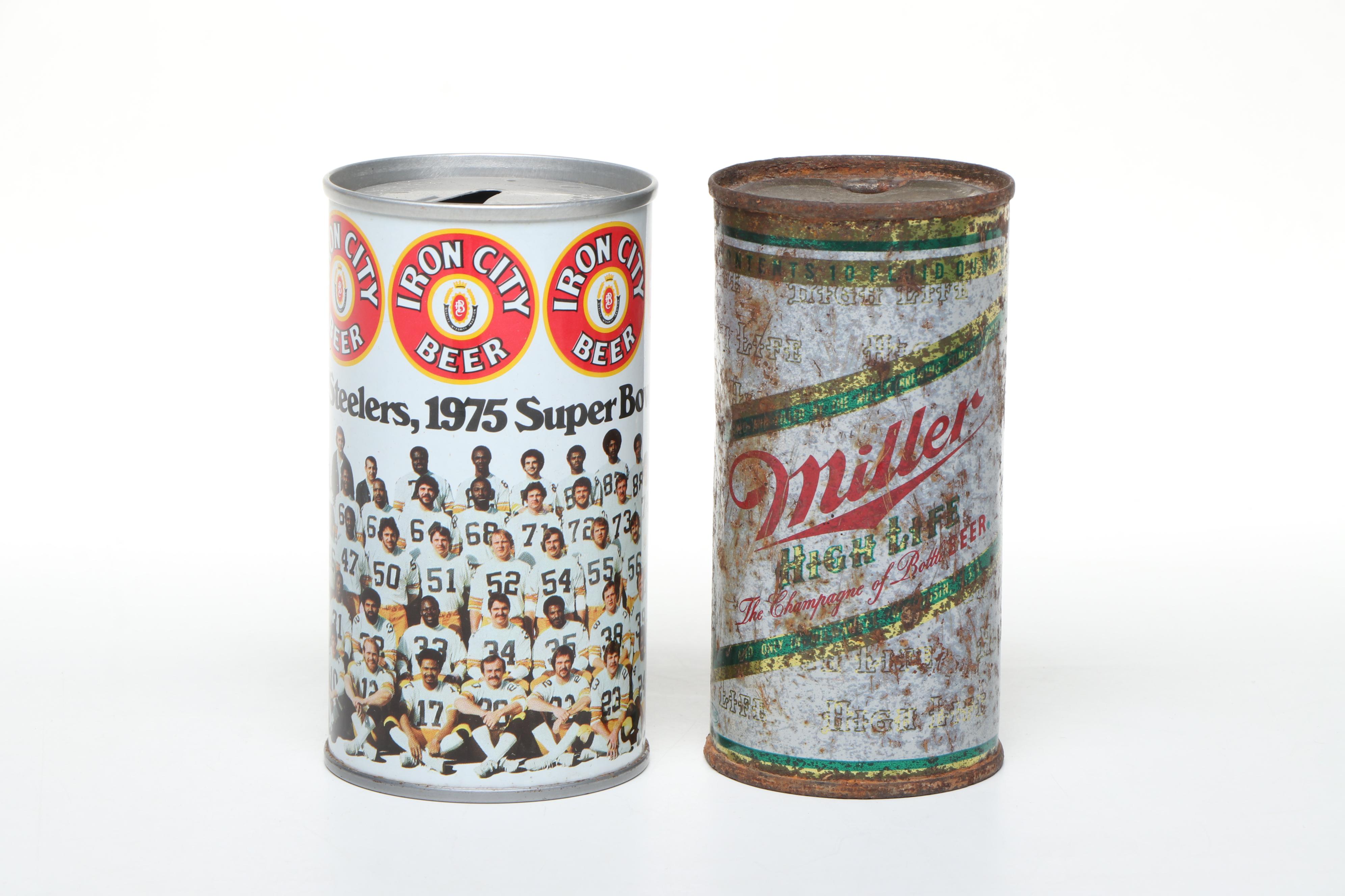 Commemorative 1975 Steelers Victory Beer Can with More Cans and Bottles