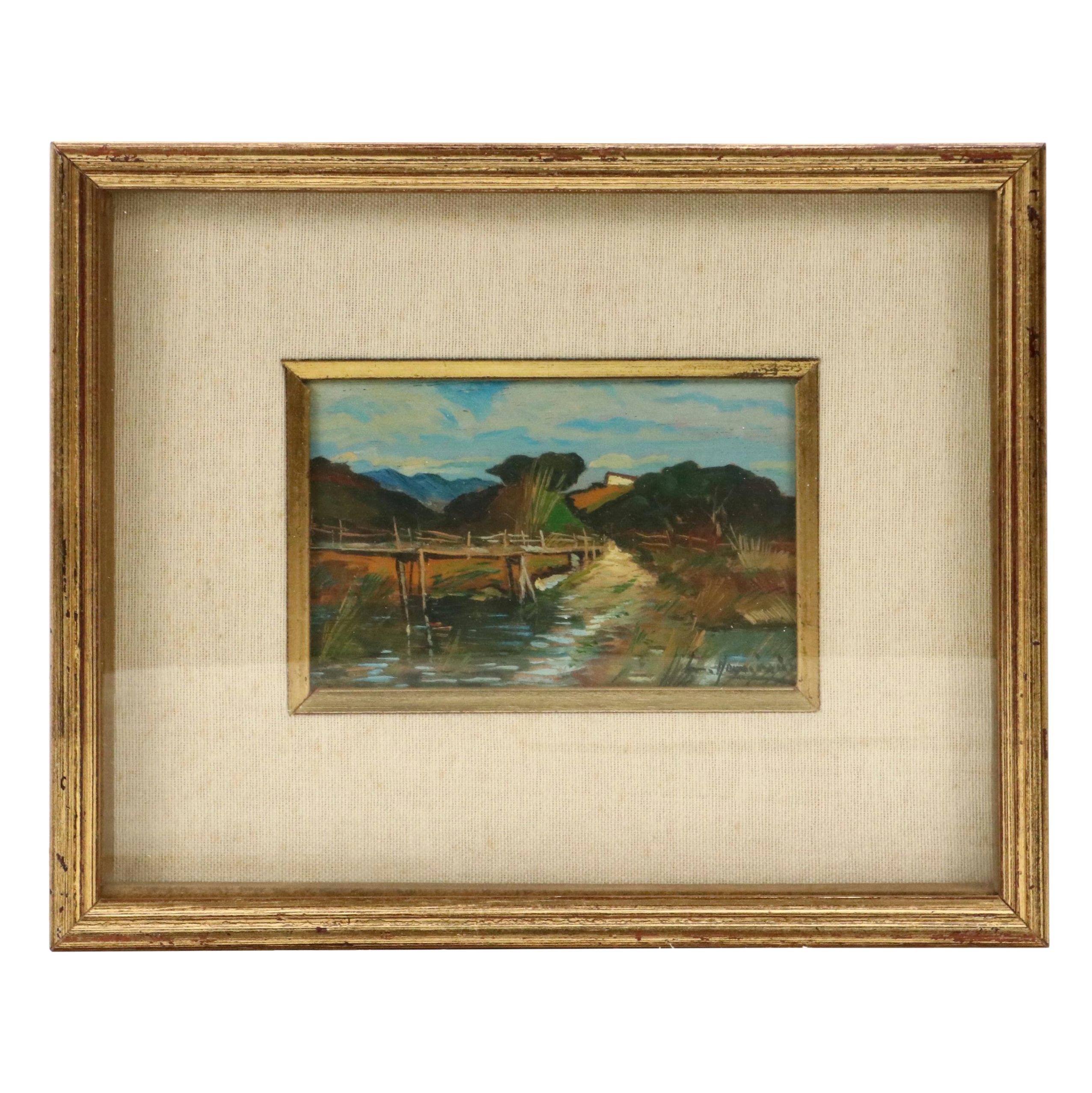 Landscape Oil on Board of Shoreline with Dock, 20th Century