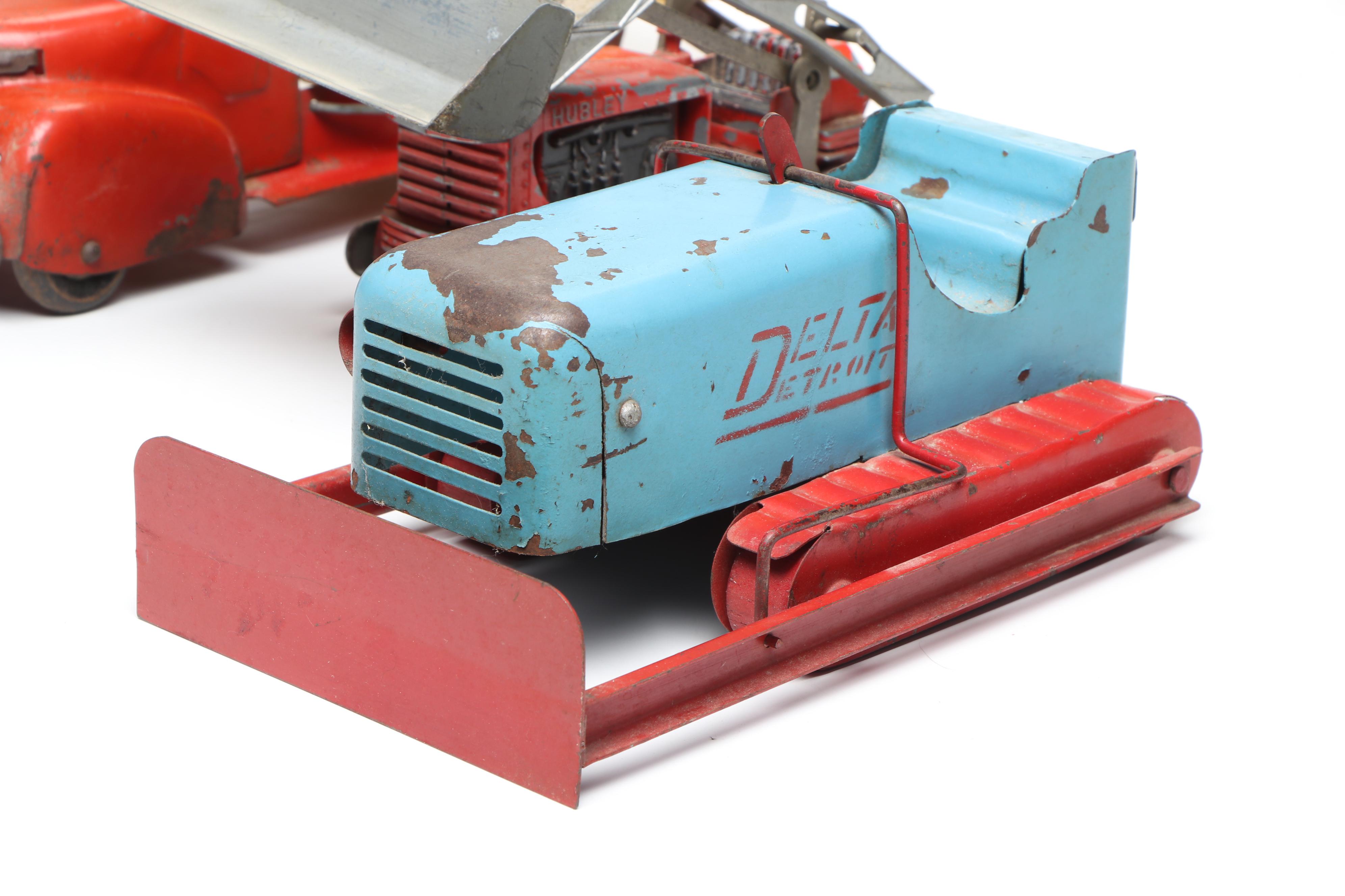 Delta Detroit Bulldozer, Hubley Front End Loader, Marx Lumar Dump Truck