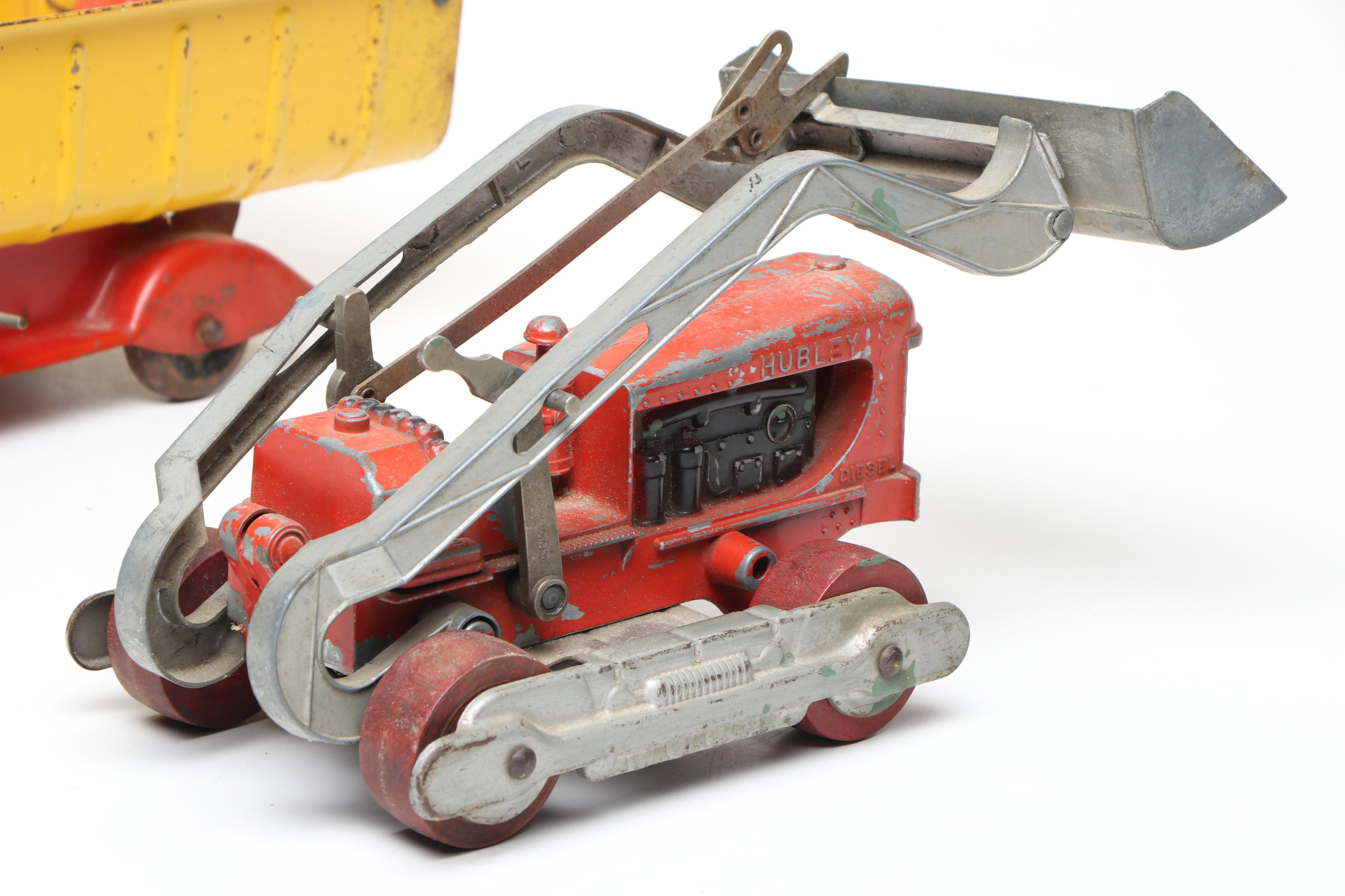 Delta Detroit Bulldozer, Hubley Front End Loader, Marx Lumar Dump Truck