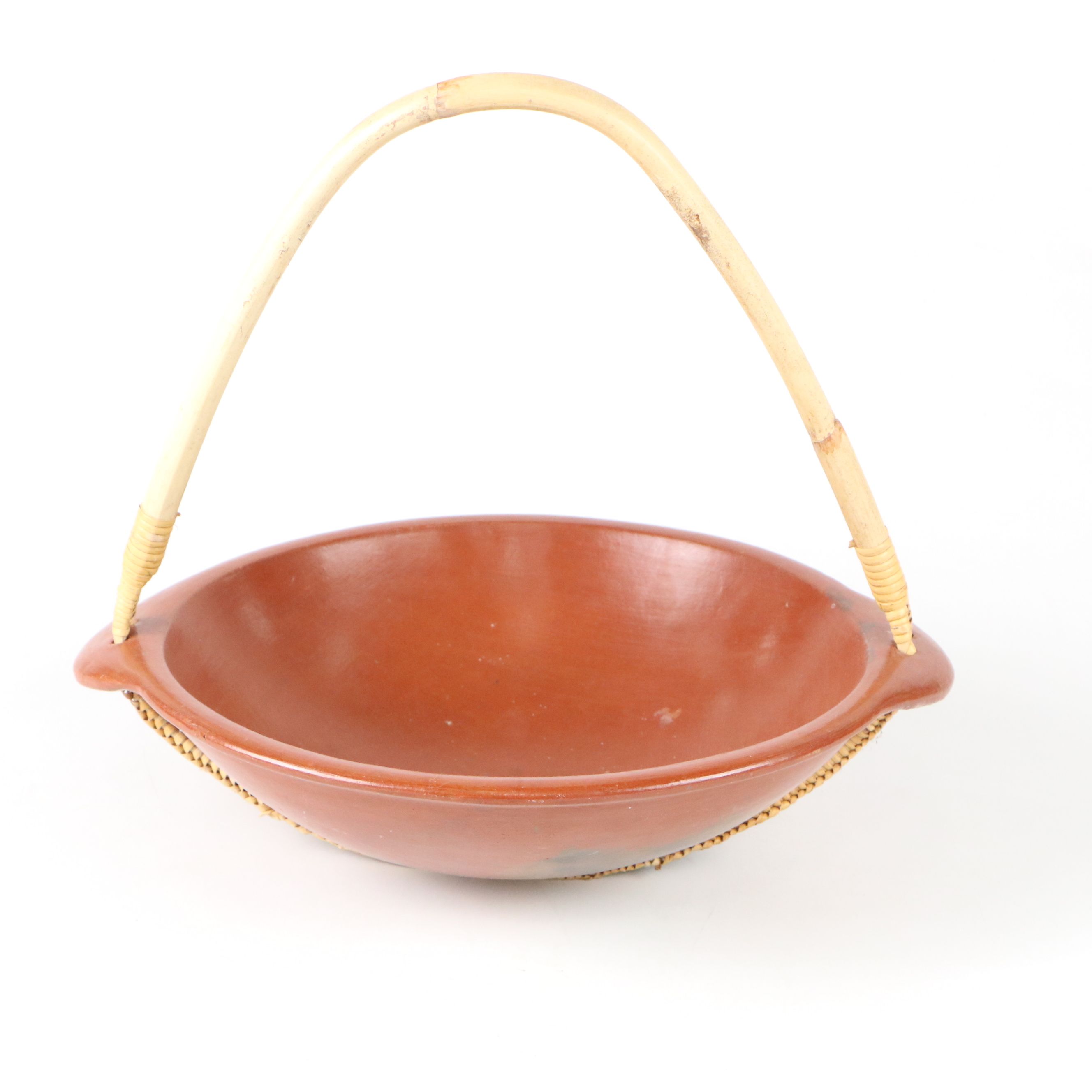 Red Glazed Ceramic Centerpiece Bowl with Palm Handle