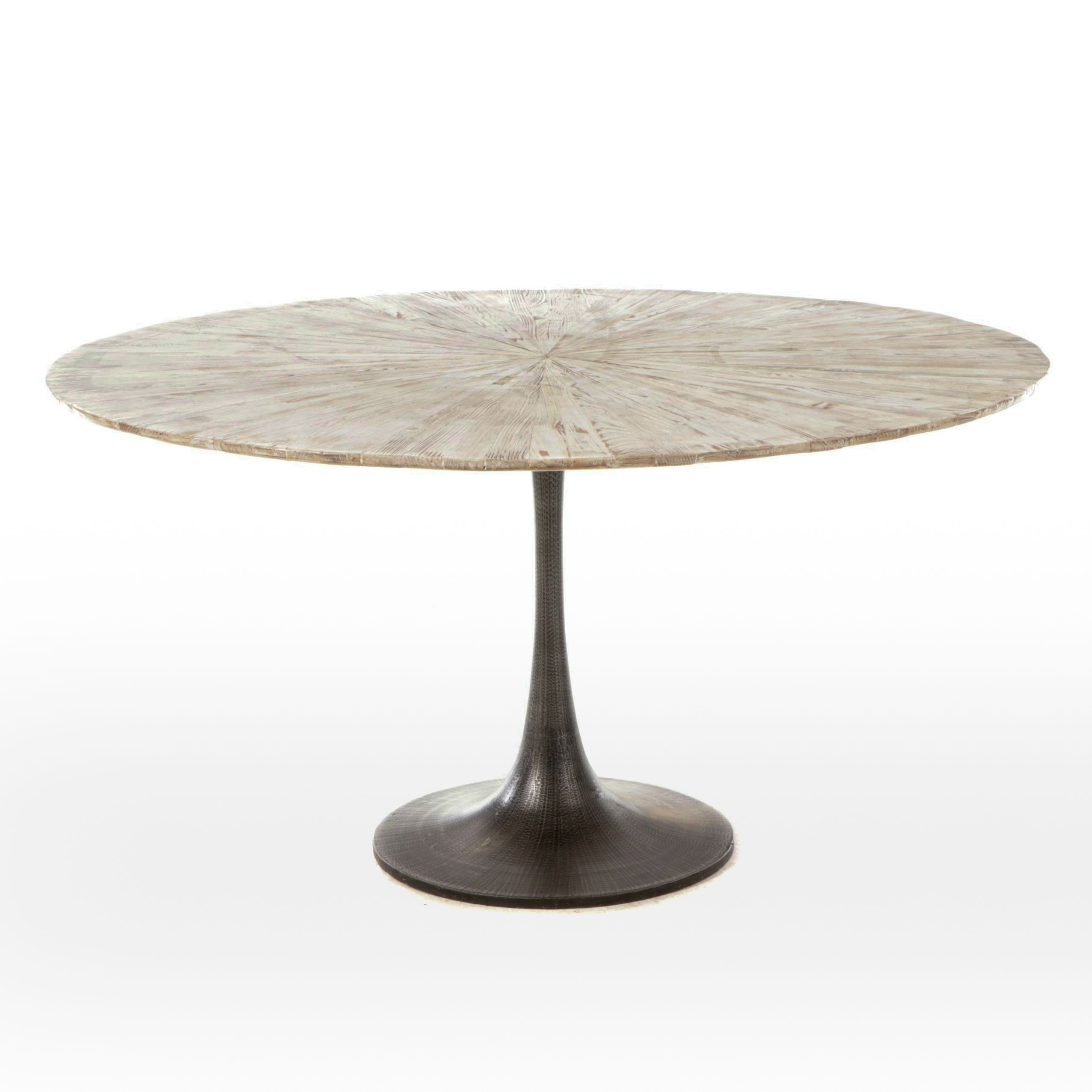 Contemporary Dining Table with White Washed Wooden Top & Hammered Metal Base
