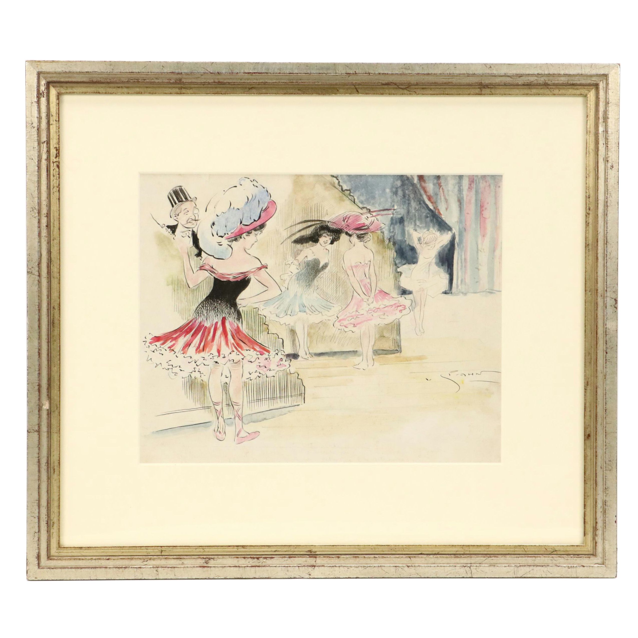 V. Spahn Ink and Watercolor Drawing of Showgirls in Dressing Room