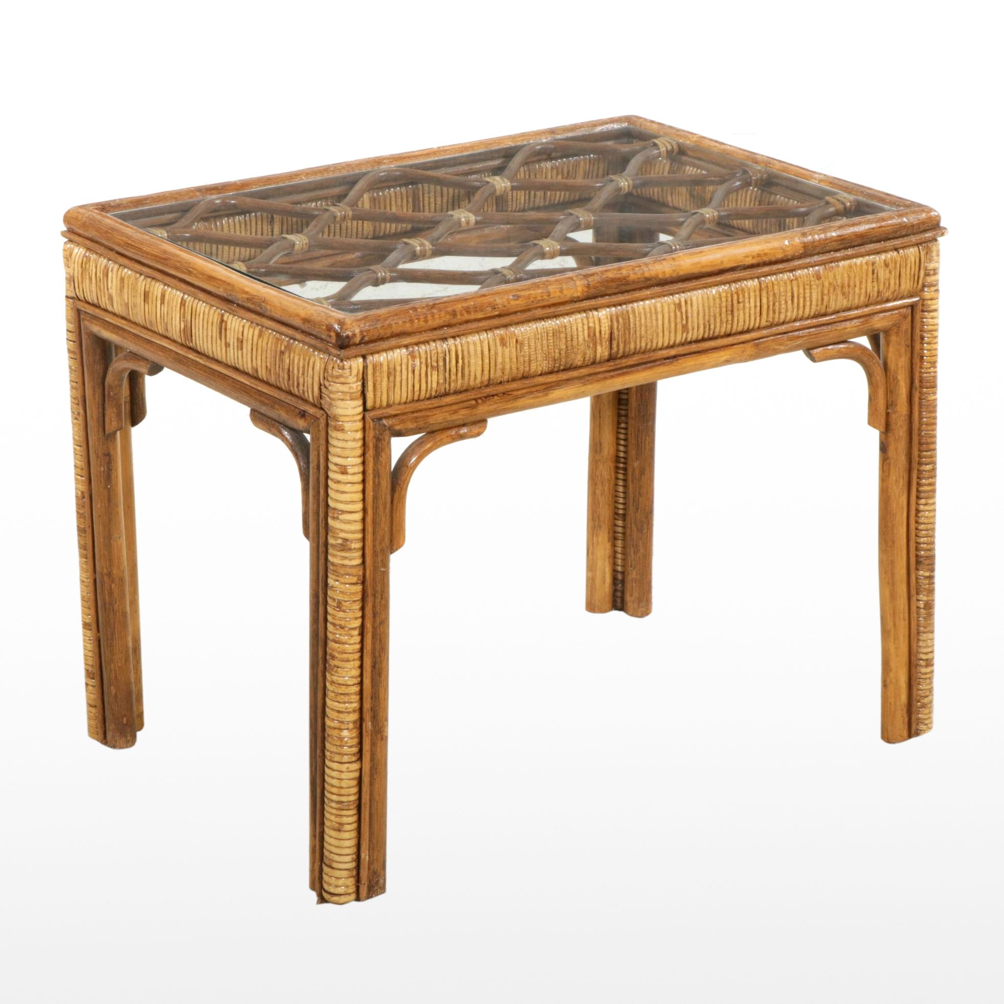 Glass Top Rattan Side Table, Late 20th Century