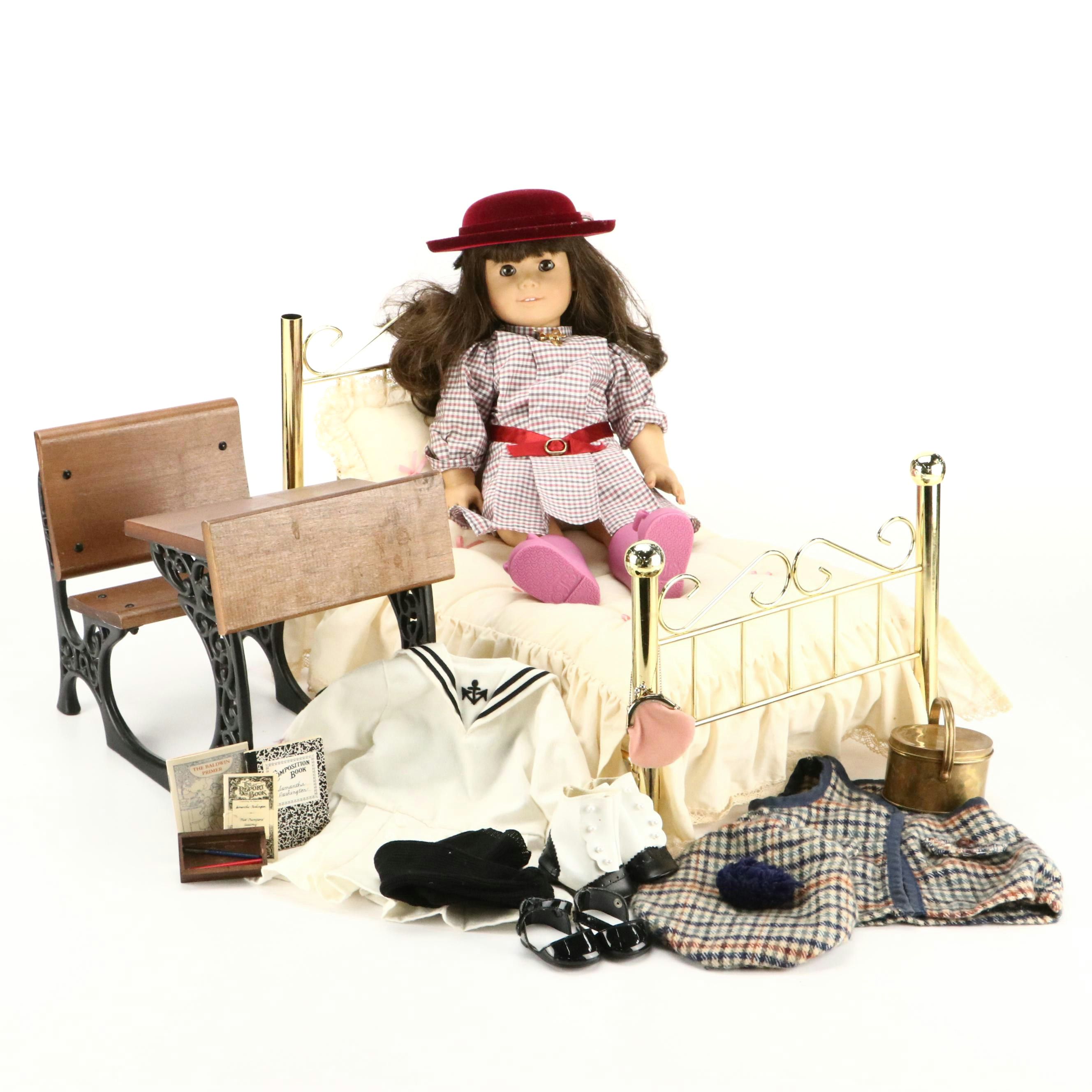 American Girl Doll Samantha with "Samantha's School Story" and Bed Accessories