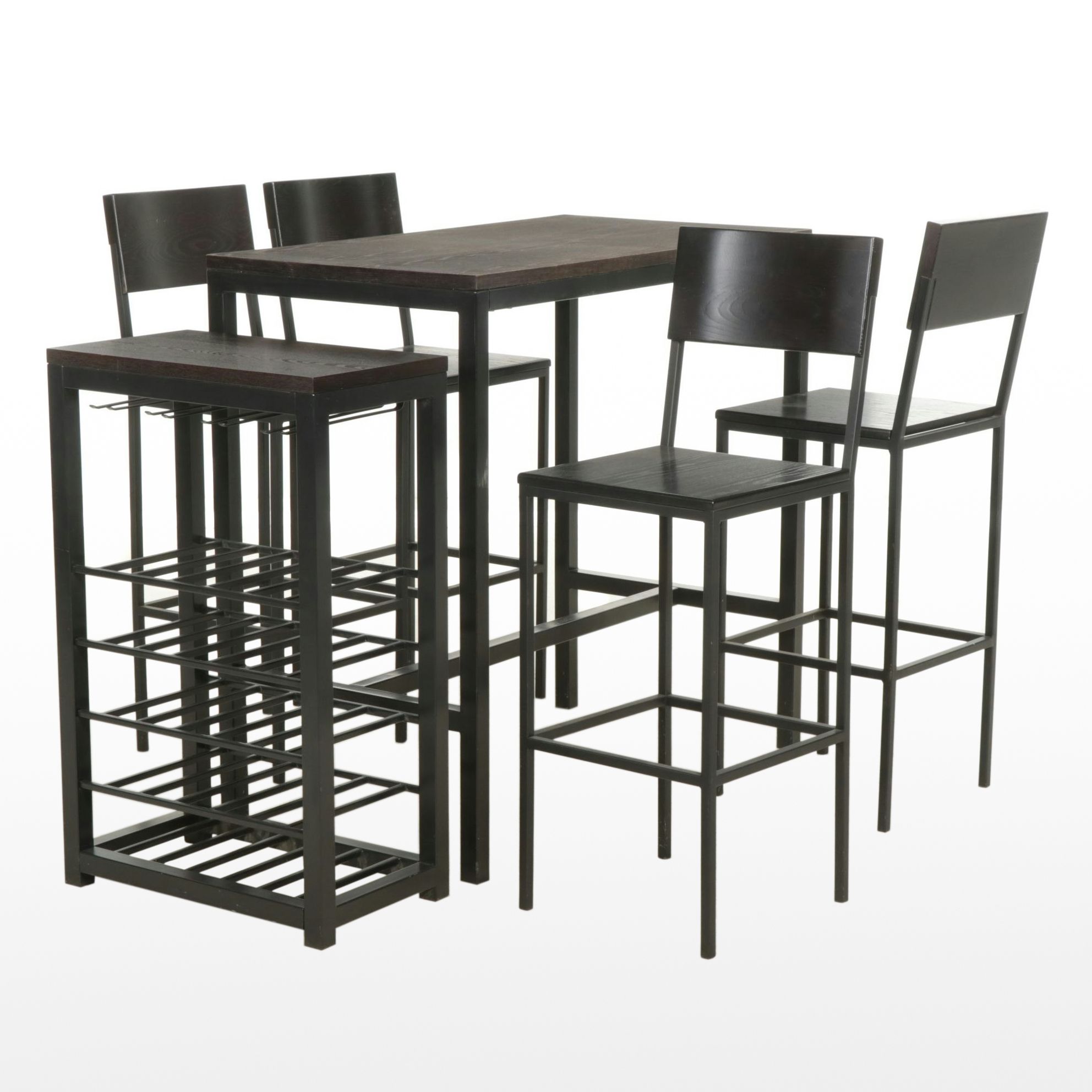 Contemporary Hardwood and Metal High-Top Table with Four Chairs and Wine Rack