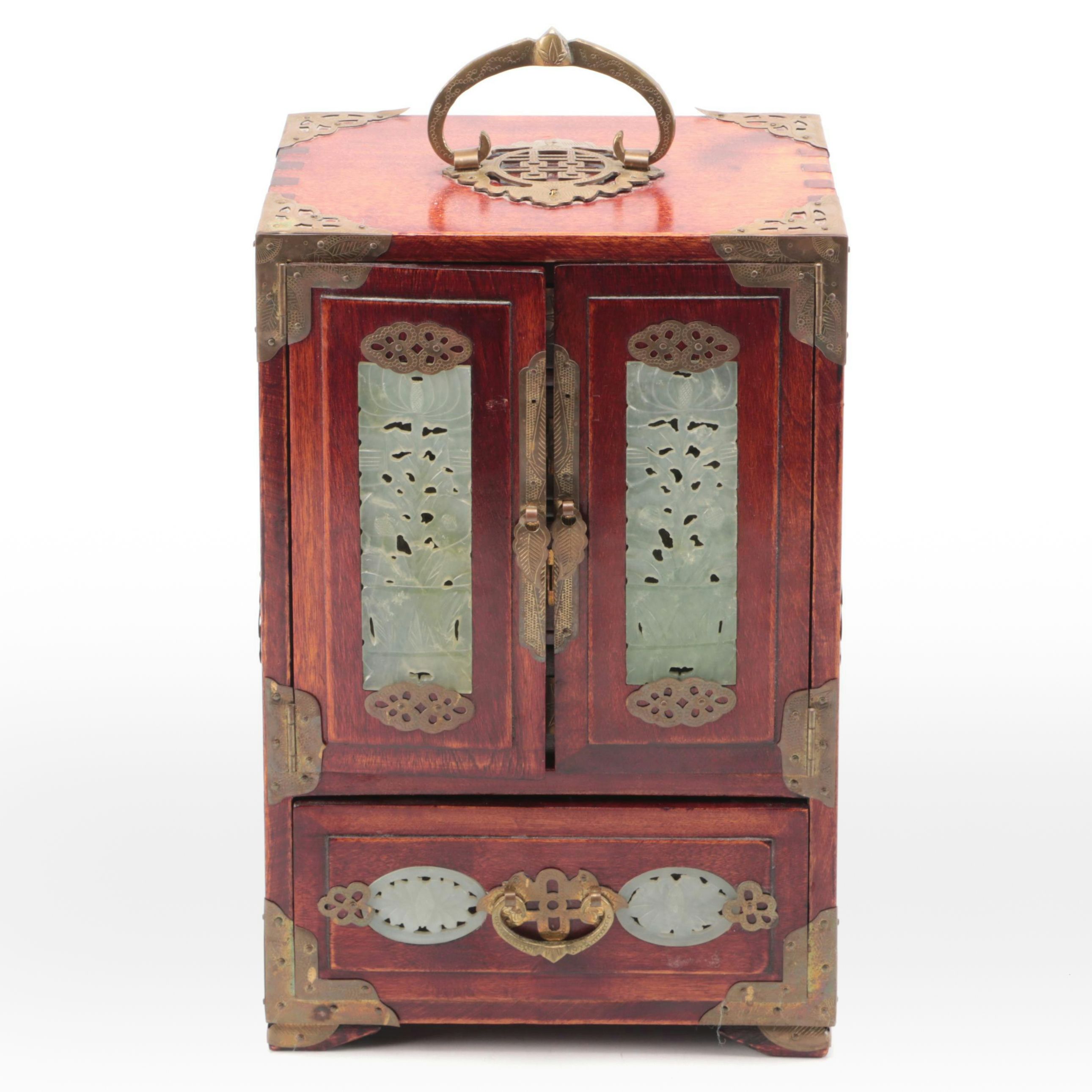 Chinese Wooden Jewelry Cabinet with Brass Mounts and Serpentine Inlays